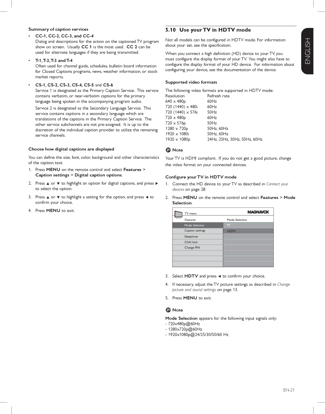 Magnavox 42MF438B, 52MF438B, 47MF438B user manual Use your TV in Hdtv mode 