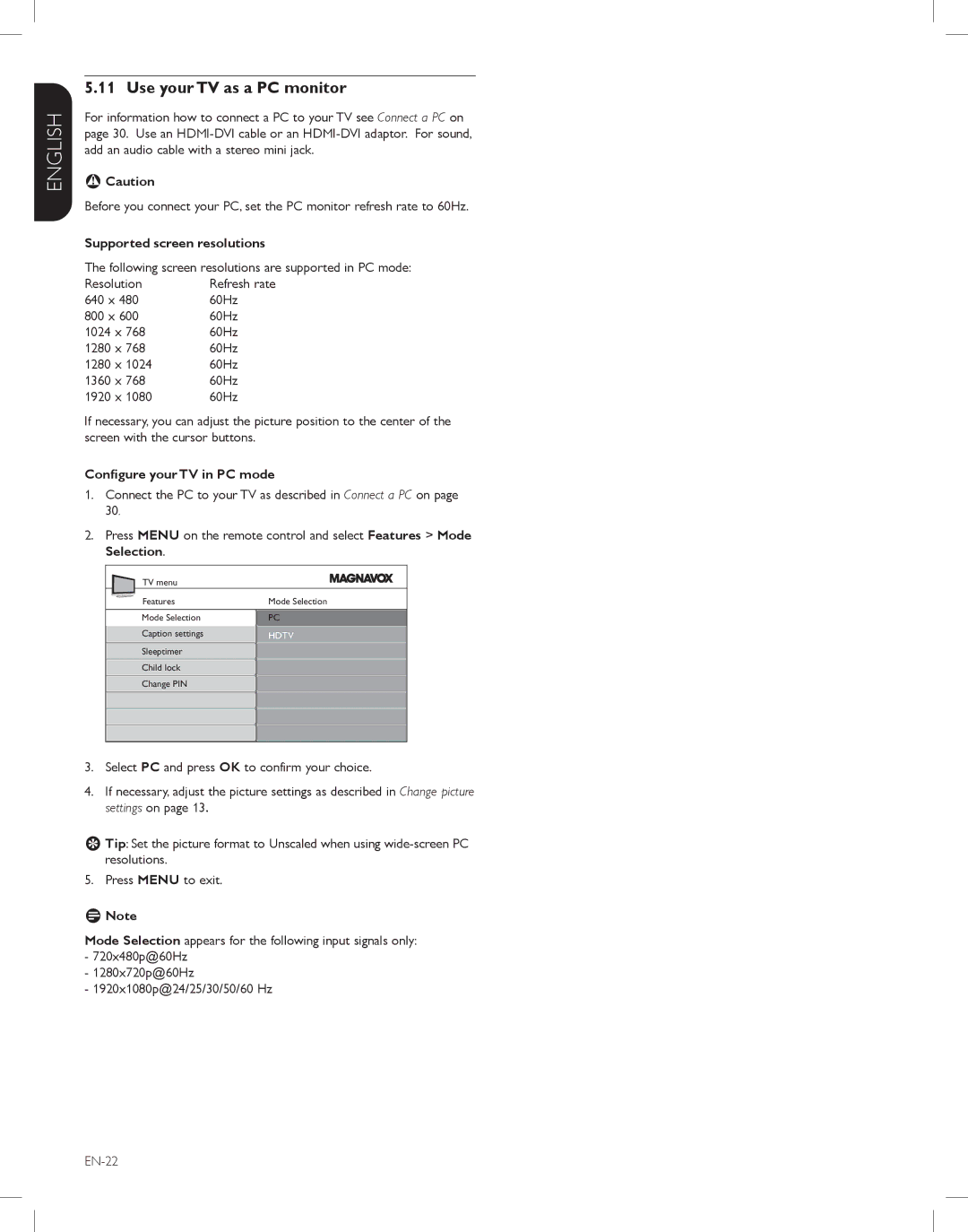 Magnavox 52MF438B, 47MF438B Use your TV as a PC monitor, Supported screen resolutions, Conﬁgure your TV in PC mode 