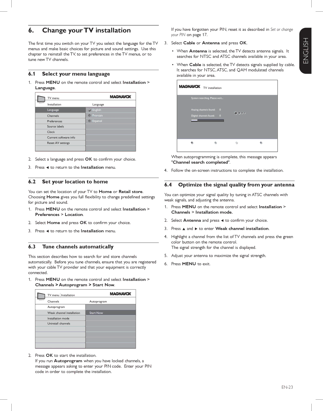 Magnavox 47MF438B, 52MF438B, 42MF438B Change your TV installation, Select your menu language, Set your location to home 