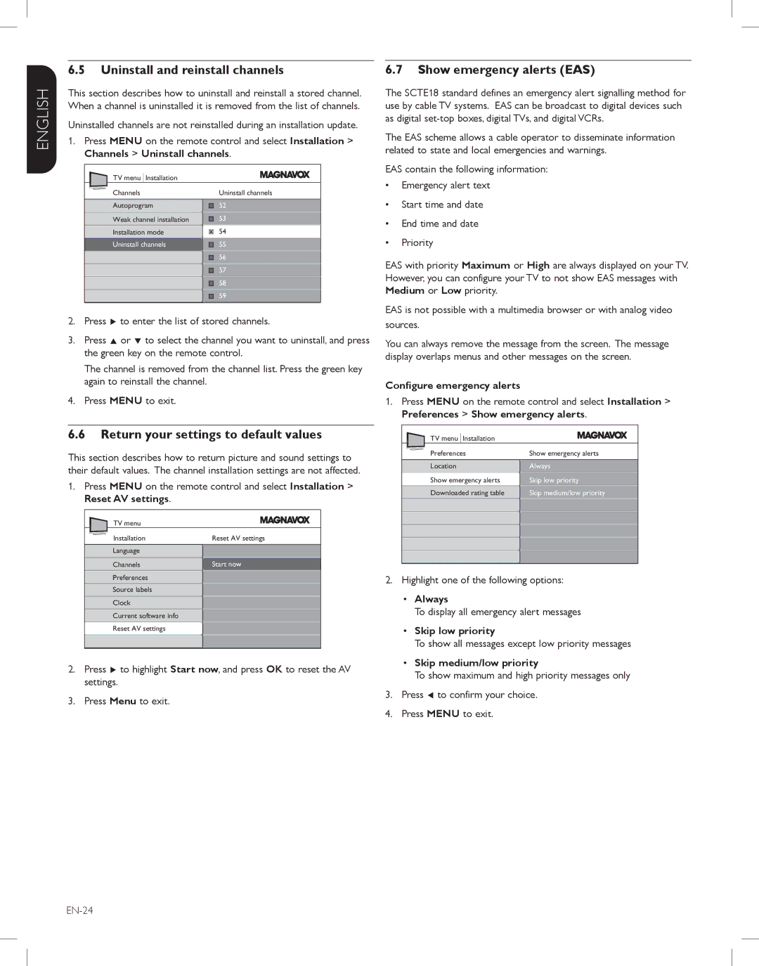 Magnavox 42MF438B Uninstall and reinstall channels, Return your settings to default values, Show emergency alerts EAS 