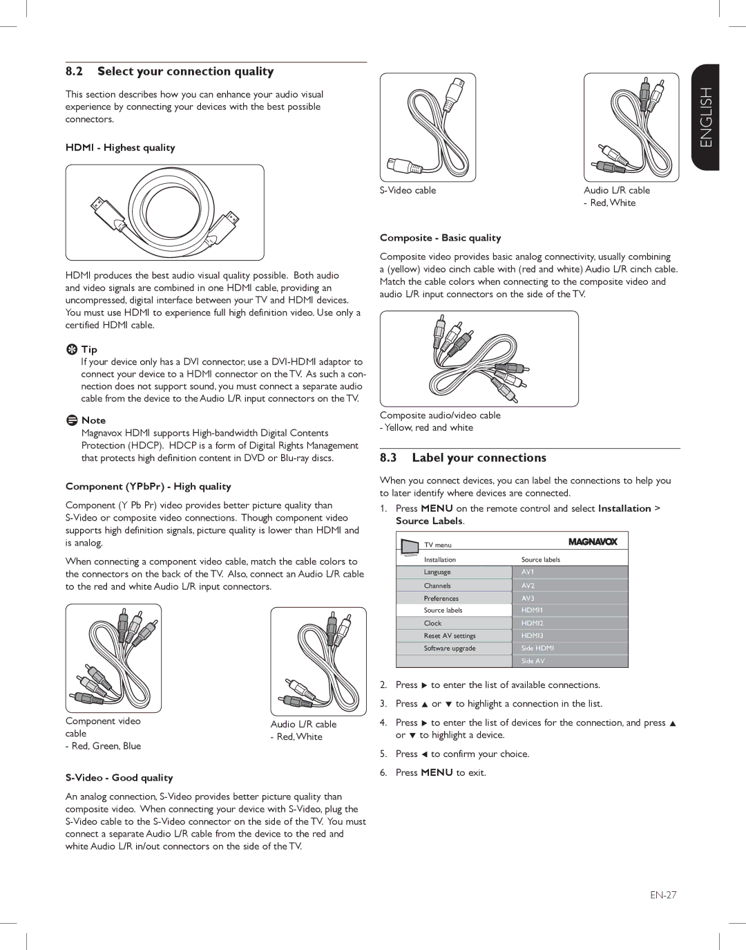 Magnavox 42MF438B, 52MF438B, 47MF438B user manual Select your connection quality, Label your connections 