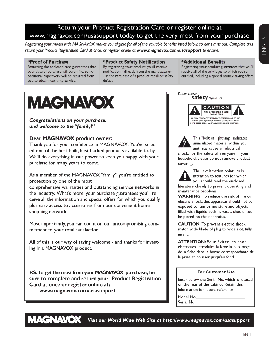 Magnavox 52MF438B, 47MF438B, 42MF438B user manual Return your Product Registration Card or register online at, Safety symbols 