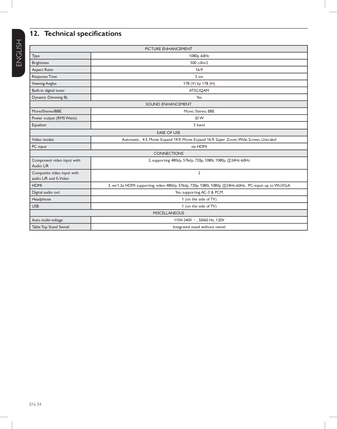 Magnavox 52MF438B, 47MF438B, 42MF438B user manual Technical specifications, Picture Enhancement 