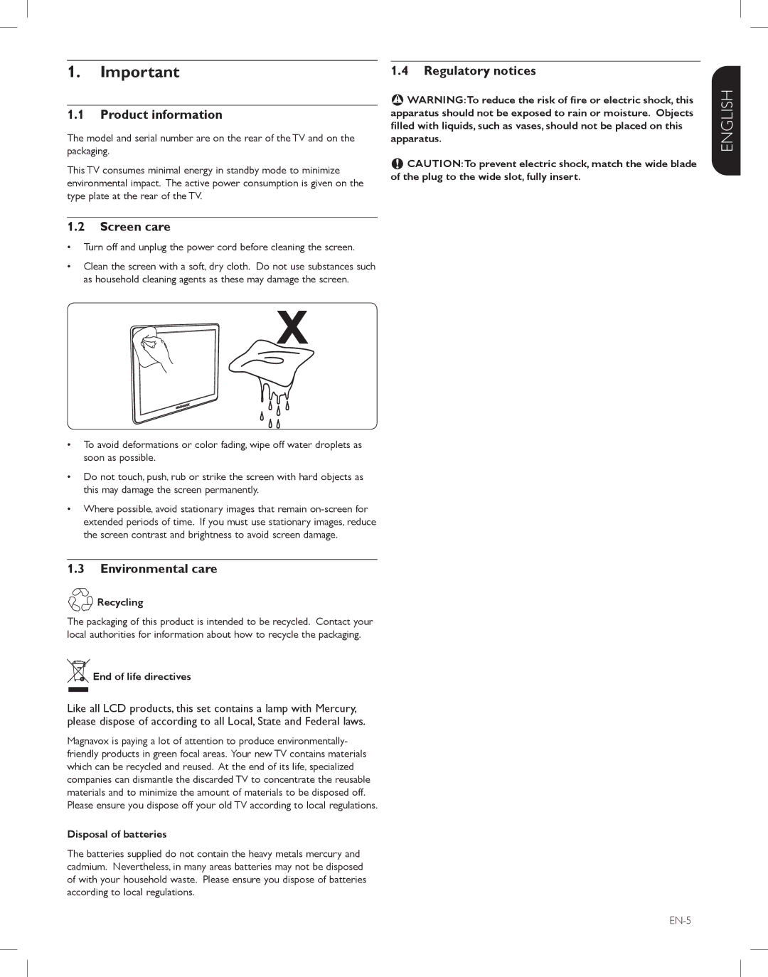 Magnavox 47MF438B, 52MF438B, 42MF438B user manual Product information, Screen care, Regulatory notices, Environmental care 