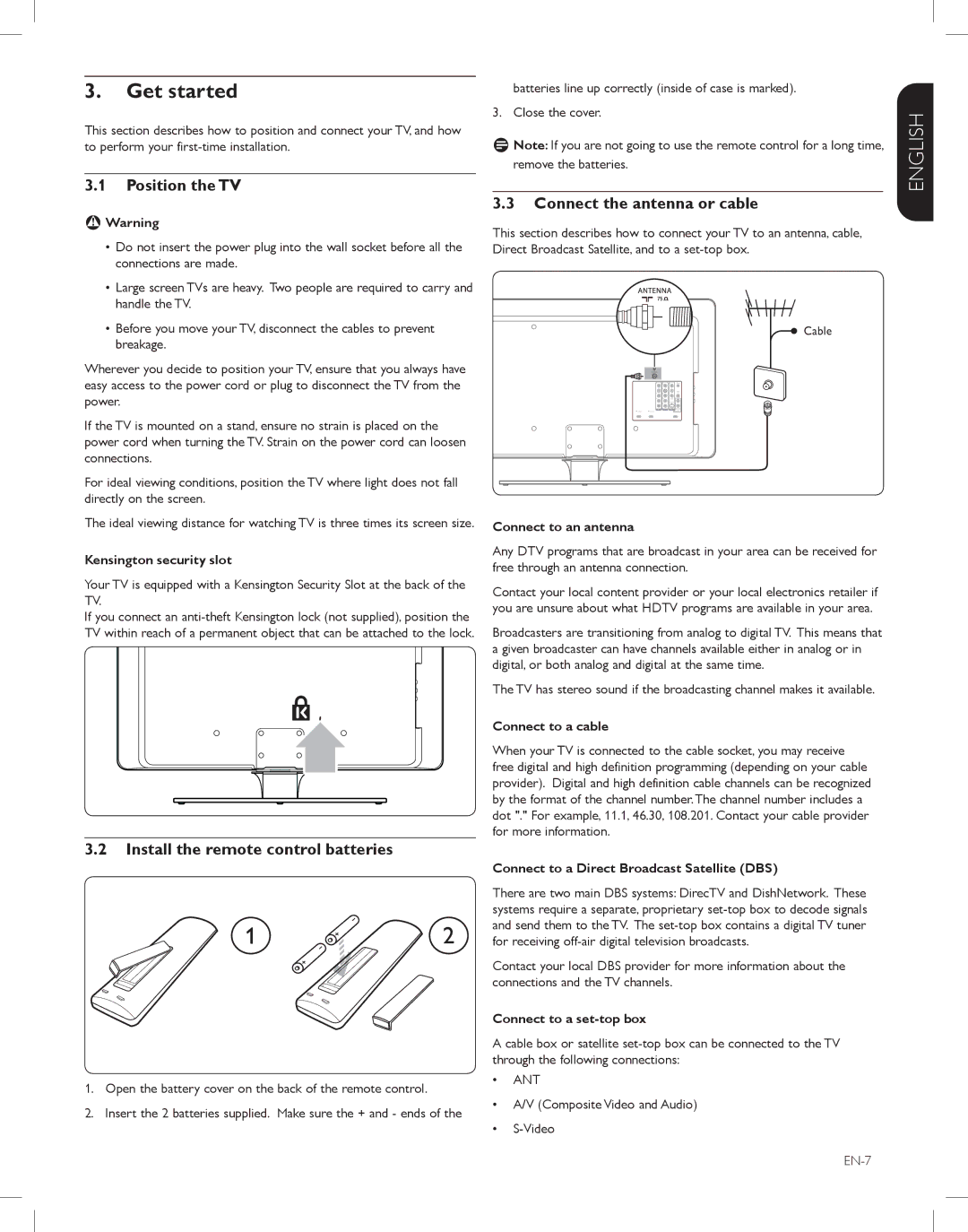 Magnavox 52MF438B Get started, Position the TV, Install the remote control batteries, Connect the antenna or cable 