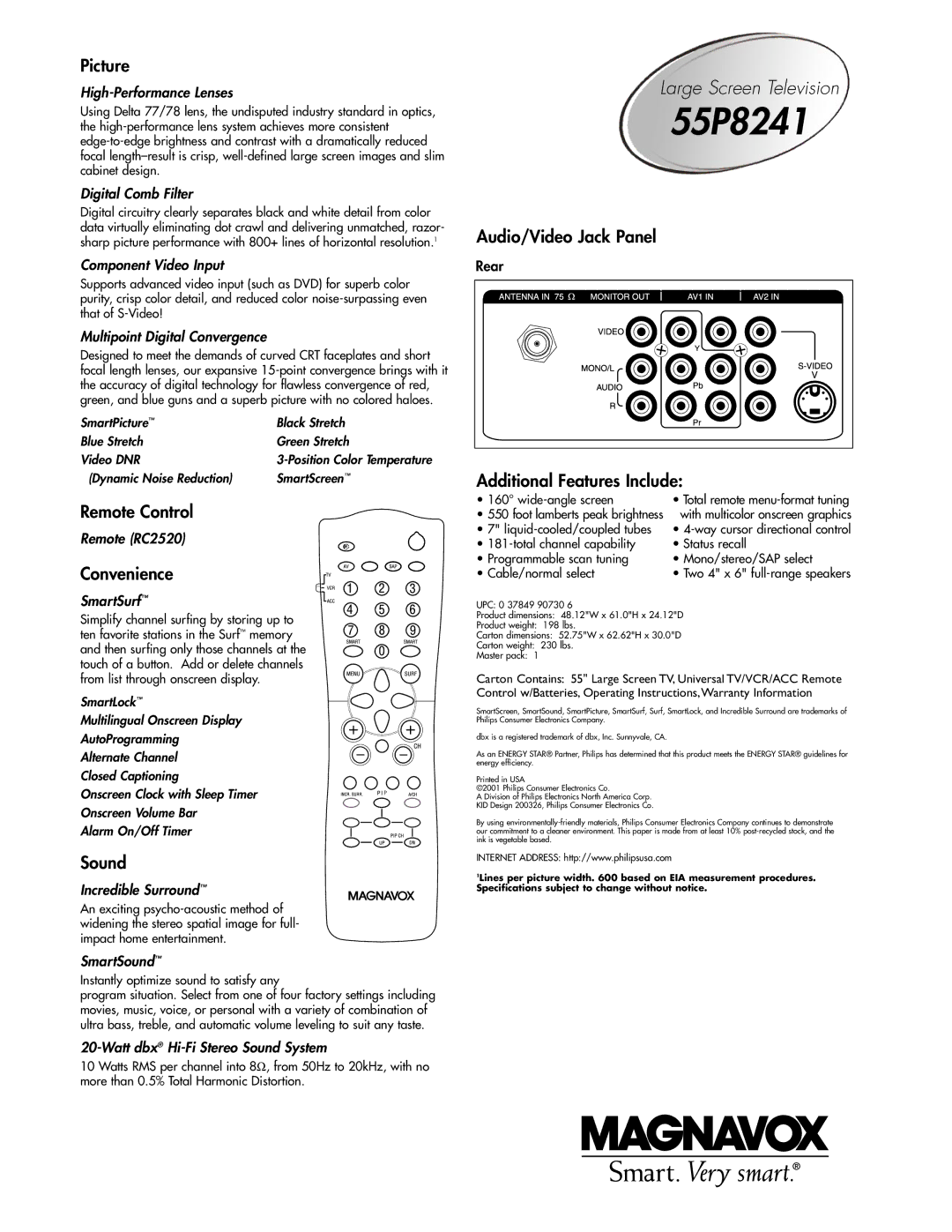 Magnavox 55P8241 manual Picture, Remote Control, Convenience, Sound, Audio/Video Jack Panel, Additional Features Include 