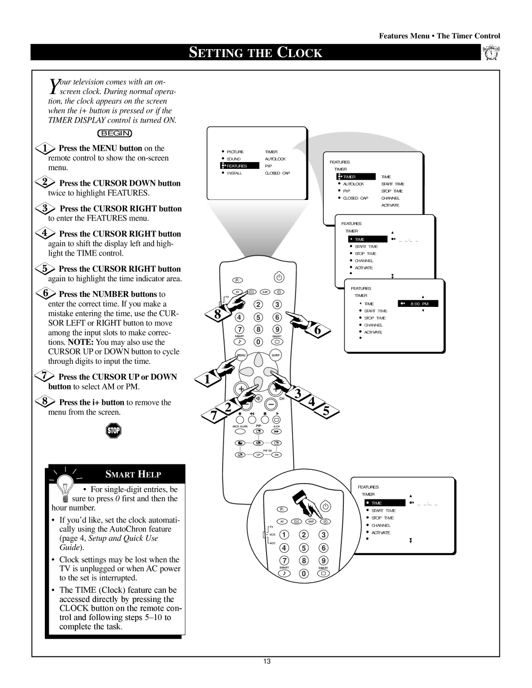 Magnavox 60p8241 manual Setting the Clock, Press the Cursor Right button to enter the Features menu 