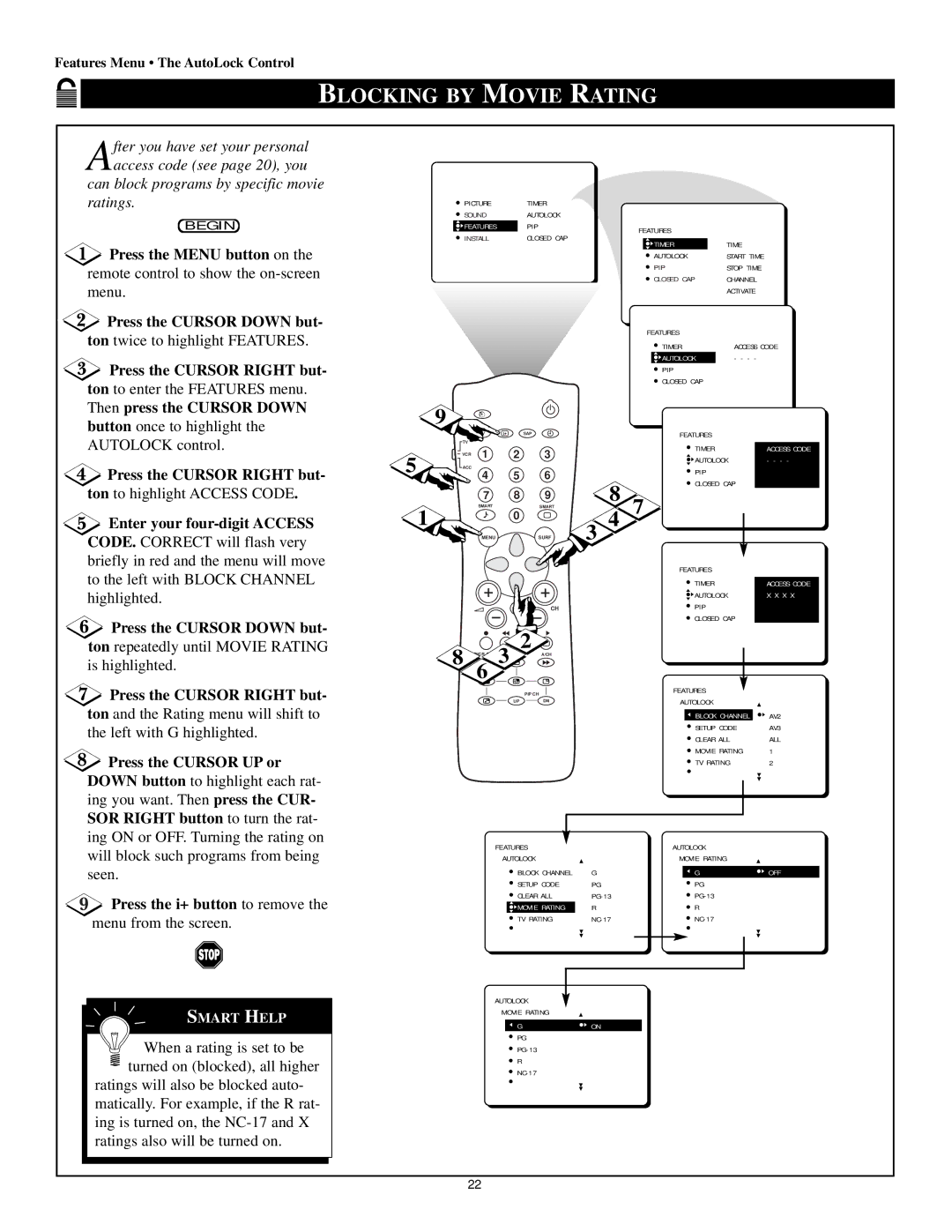 Magnavox 60p8241 manual Blocking by Movie Rating, Enter your four-digit Access CODE. Correct will flash very 