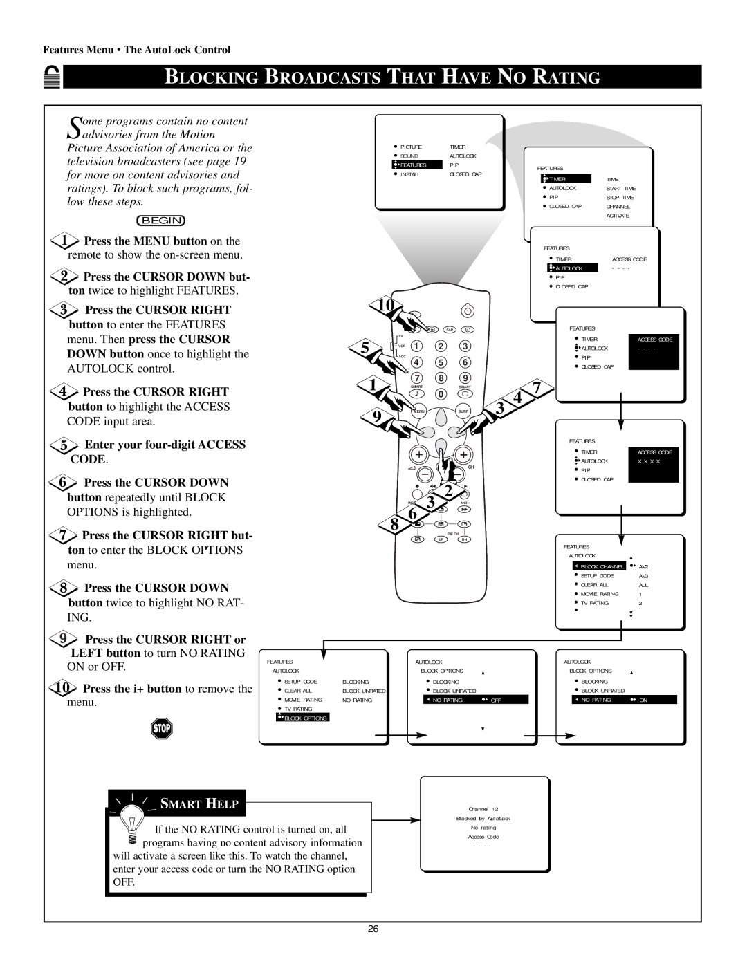 Magnavox 60p8241 manual Blocking Broadcasts That have no Rating, Press the Cursor Right or Left button to turn no Rating 