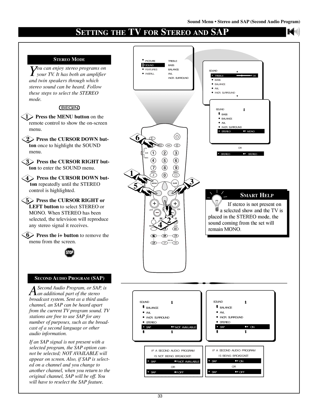 Magnavox 60p8241 manual Setting the TV for Stereo and SAP, Press the Cursor Right but 