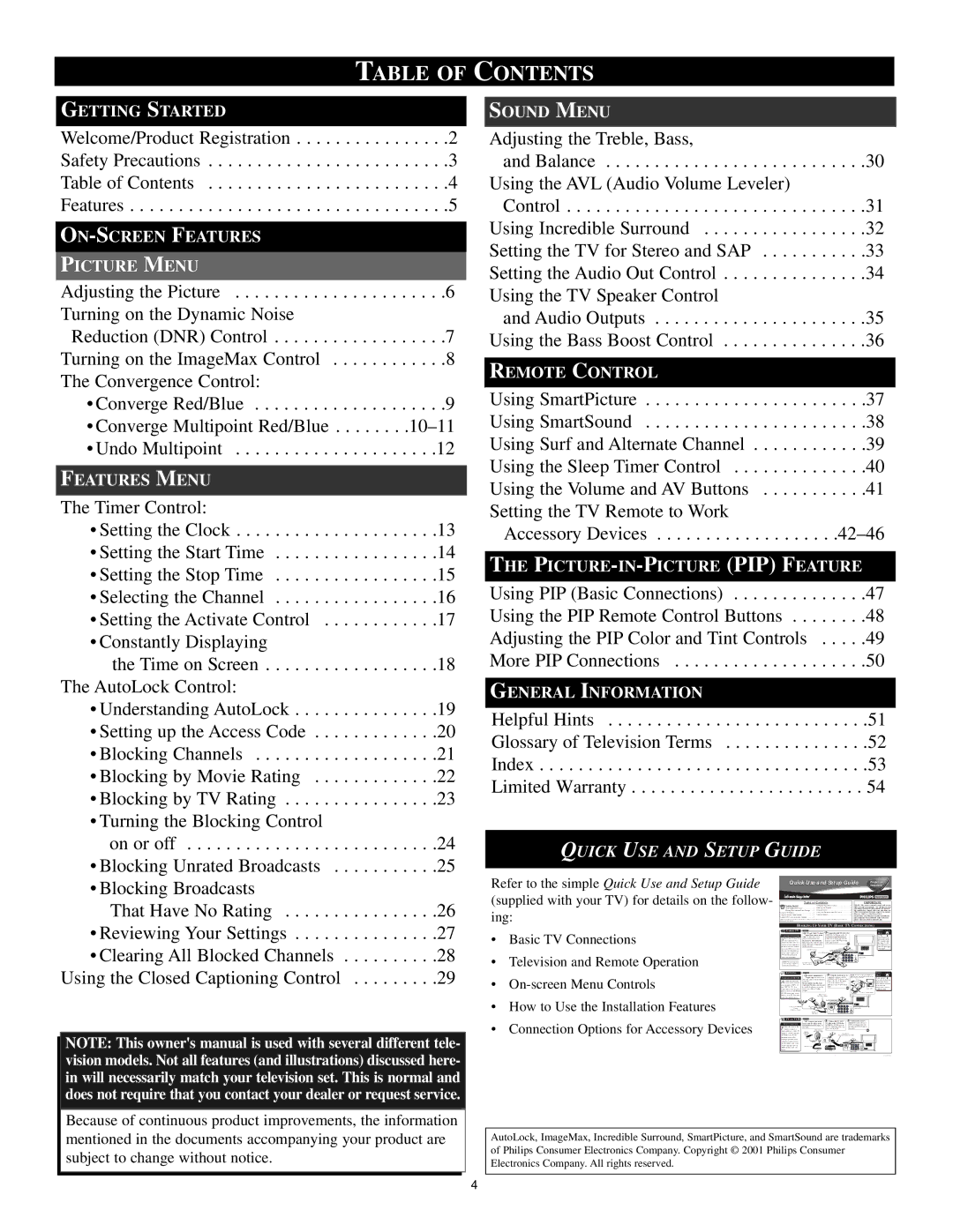 Magnavox 60p8241 manual Table of Contents 