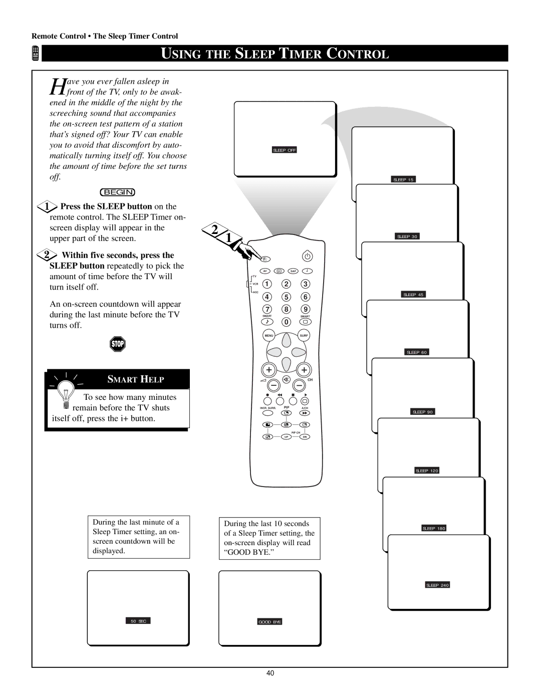 Magnavox 60p8241 manual Using the Sleep Timer Control 