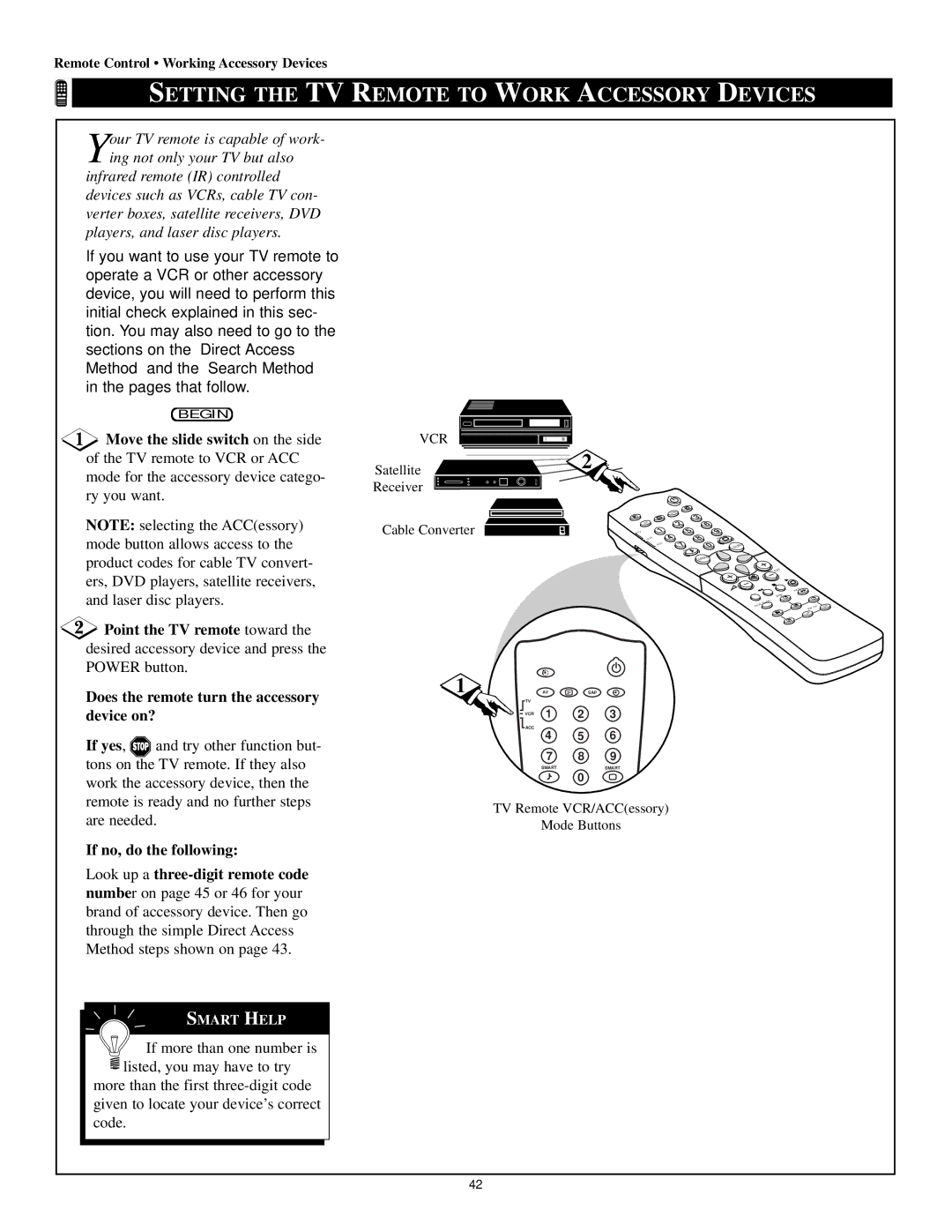 Magnavox 60p8241 manual Setting the TV Remote to Work Accessory Devices, Vcr 