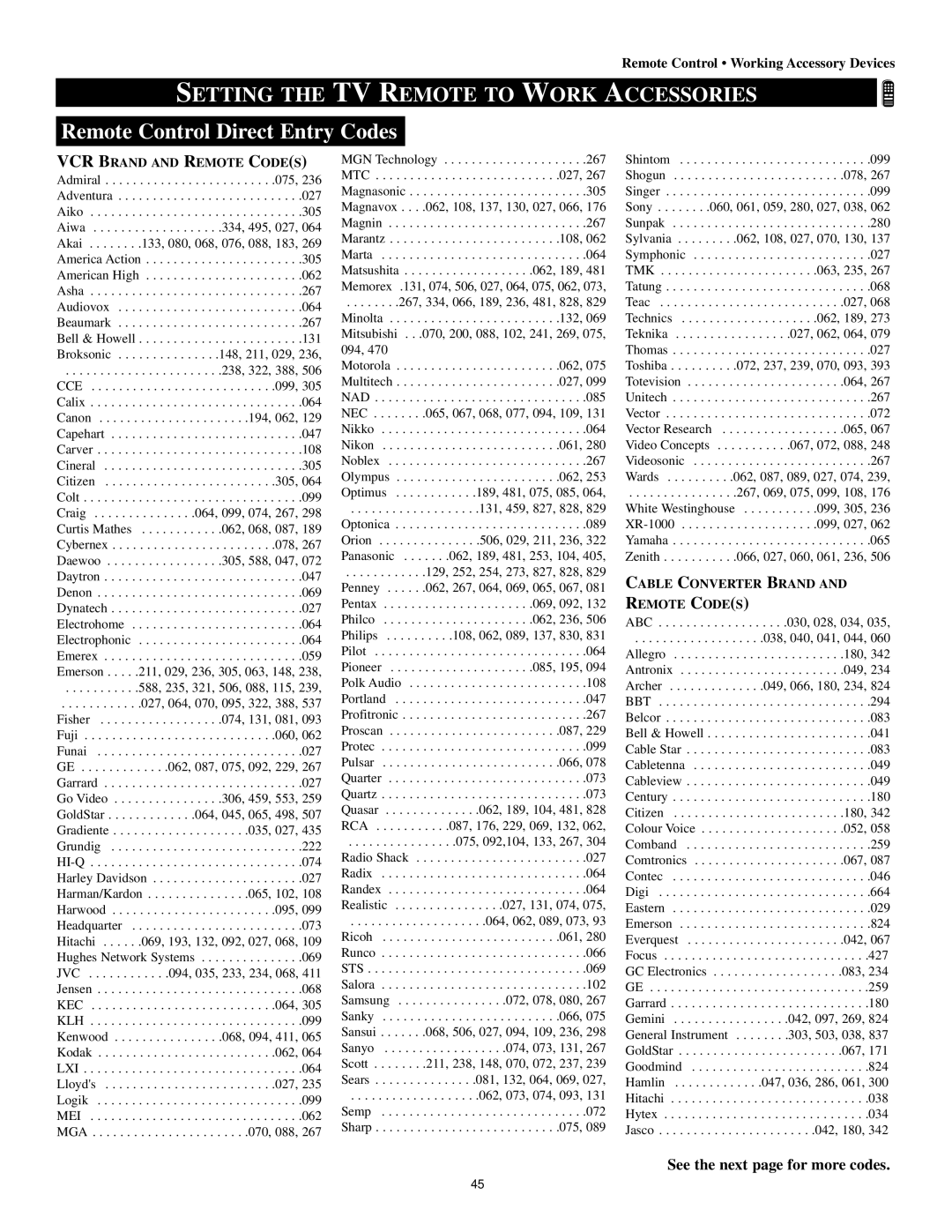 Magnavox 60p8241 manual Setting the TV Remote to Work Accessories, See the next page for more codes 