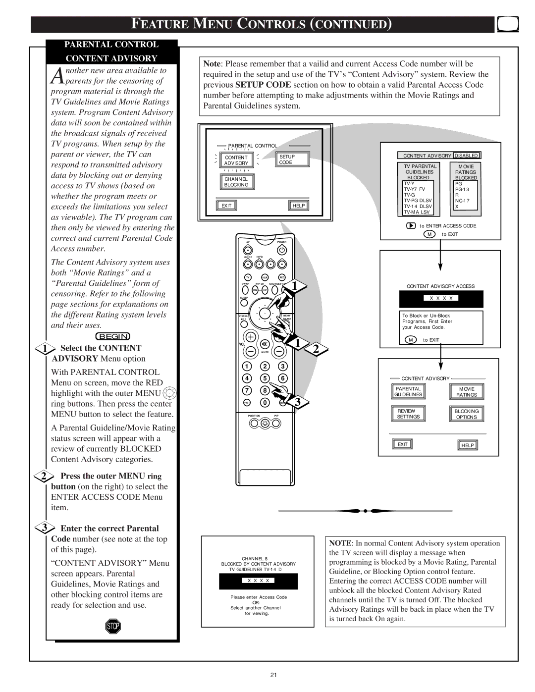 Magnavox 60P916, 64P916, 55P916 manual Content Advisory, Select the Content, Enter the correct Parental 