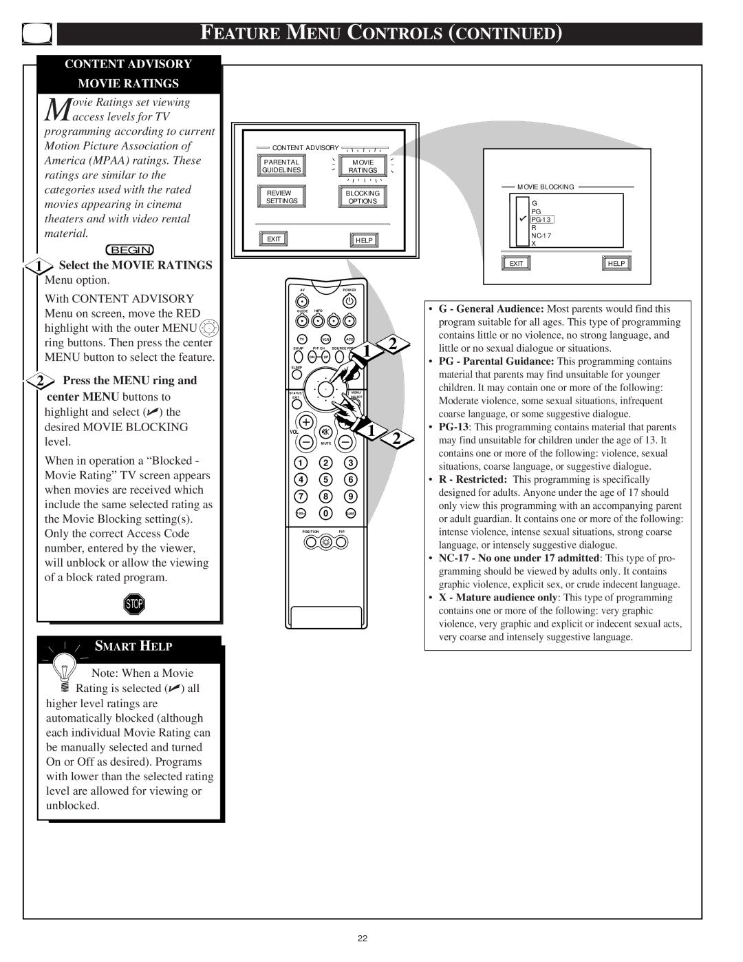 Magnavox 64P916, 60P916, 55P916 manual Content Advisory Movie Ratings, Select the Movie Ratings Menu option 
