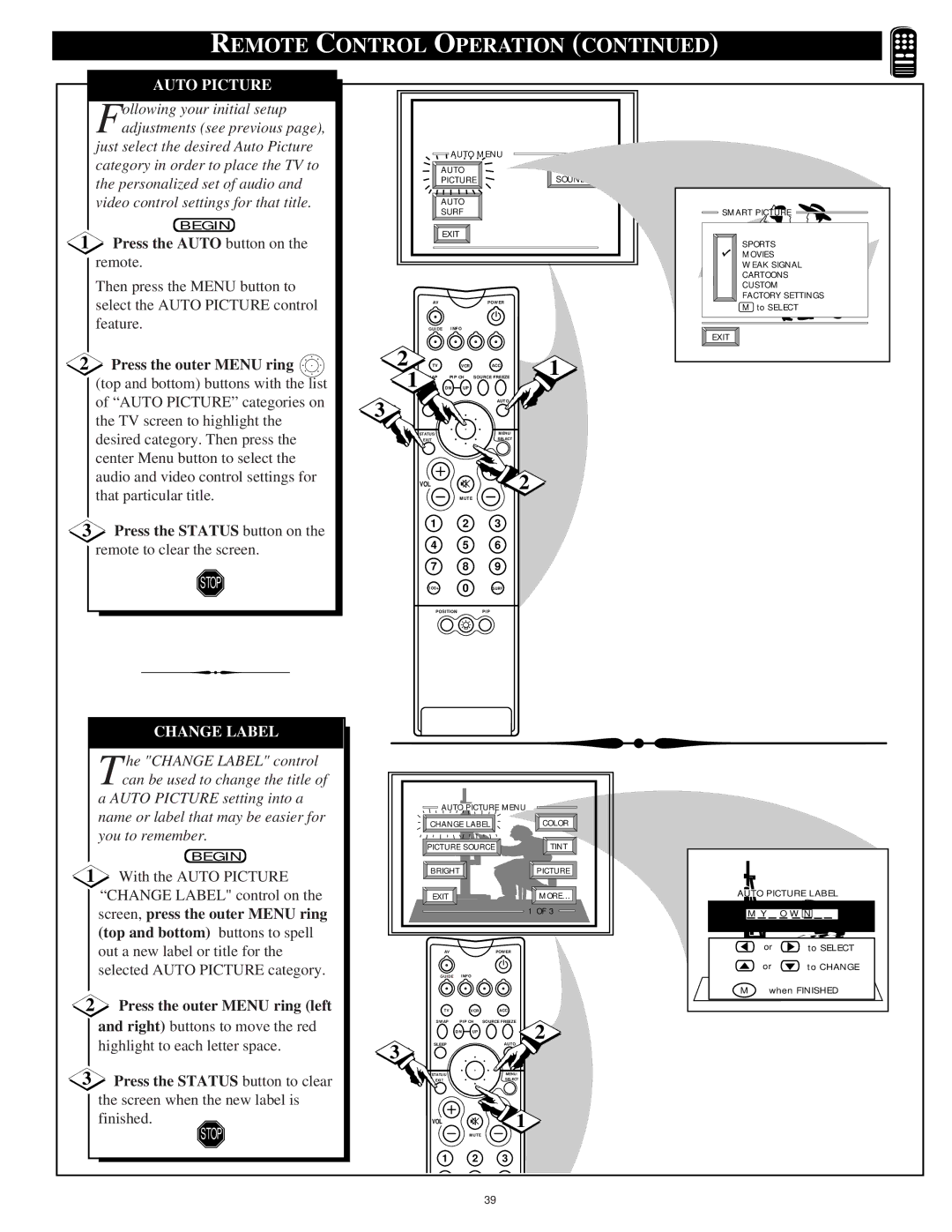 Magnavox 60P916, 64P916, 55P916 manual Auto Picture, Press the Auto button on the remote, Change Label, Finished 