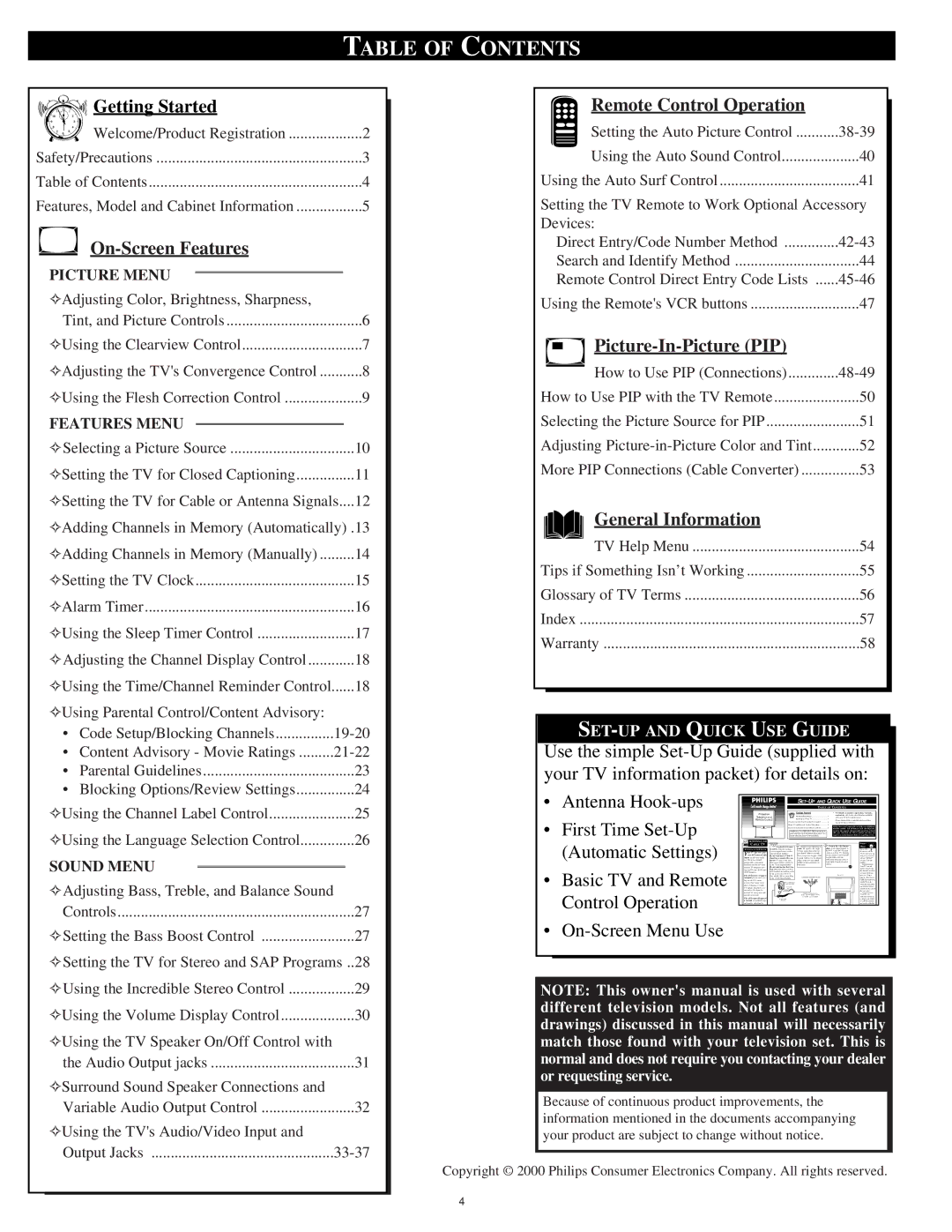 Magnavox 64P916, 60P916, 55P916 manual Table of Contents 