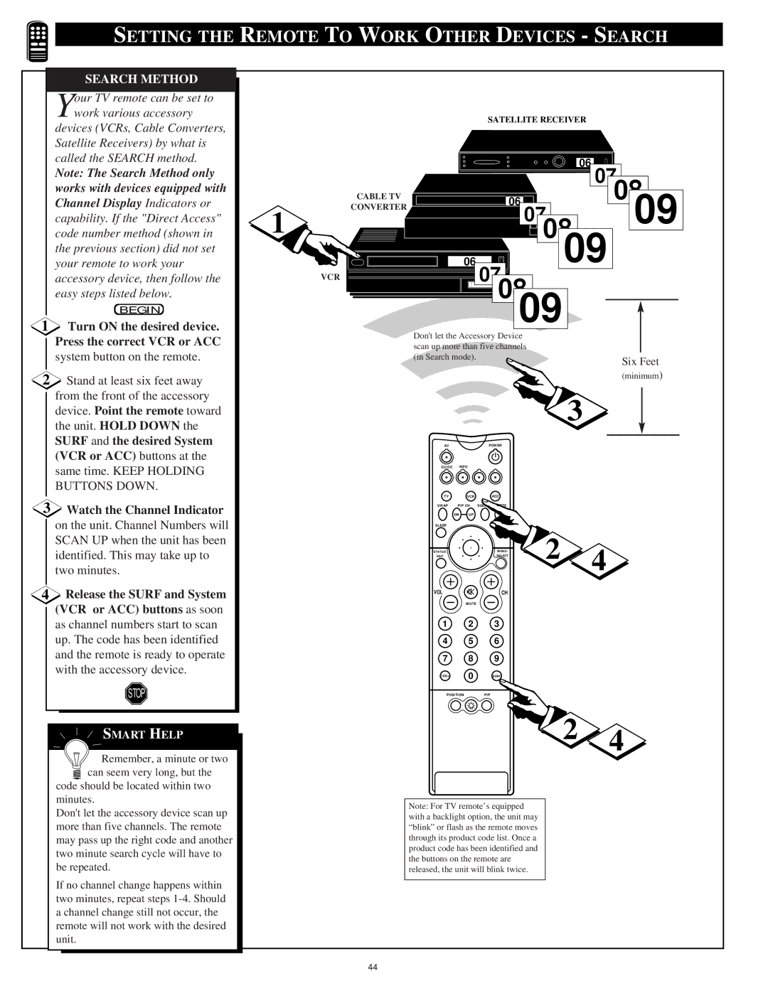 Magnavox 55P916, 60P916 Setting the Remote to Work Other Devices Search, Search Method, Device. Point the remote toward 