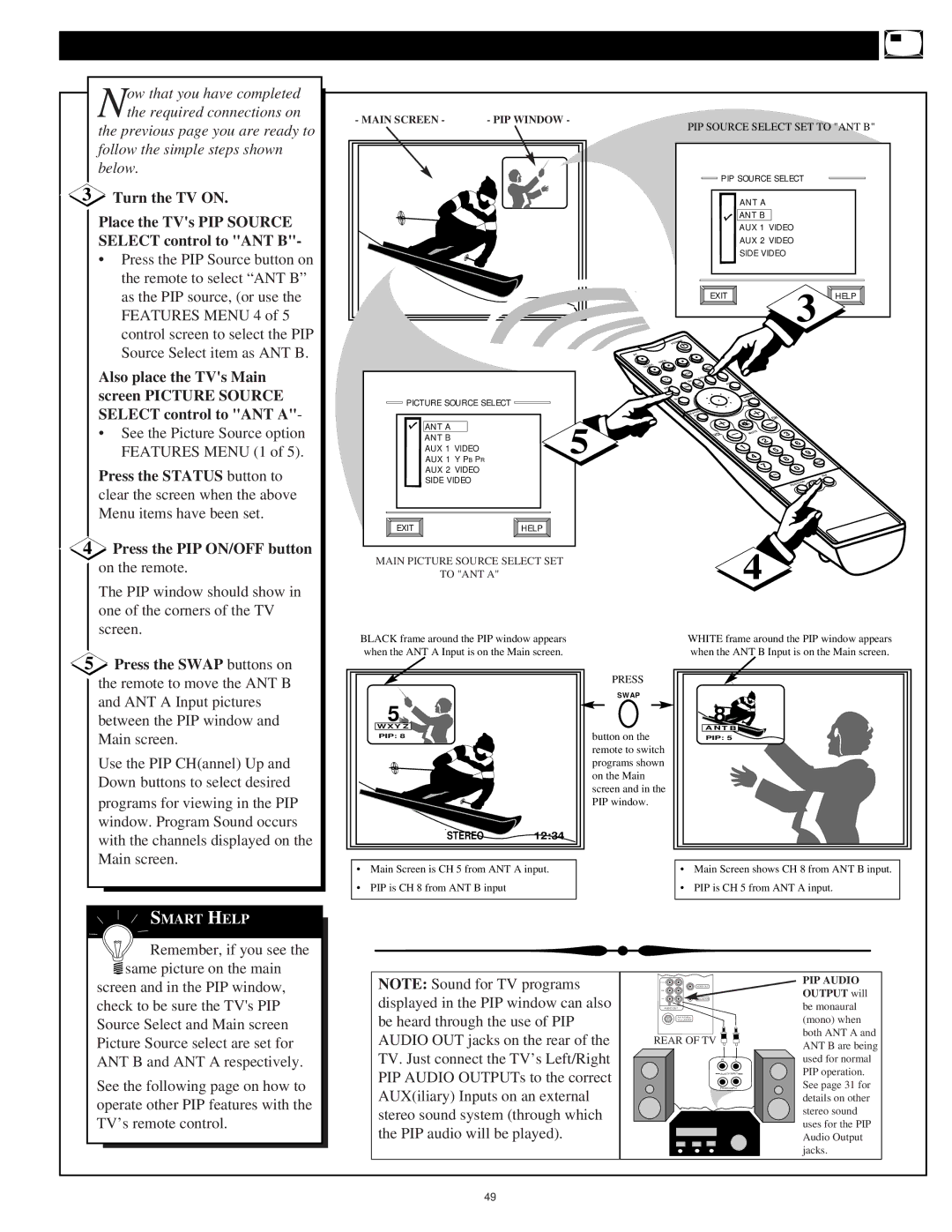 Magnavox 64P916, 60P916, 55P916 Turn the TV on, Place the TVs PIP Source, Select control to ANT B, Also place the TVs Main 