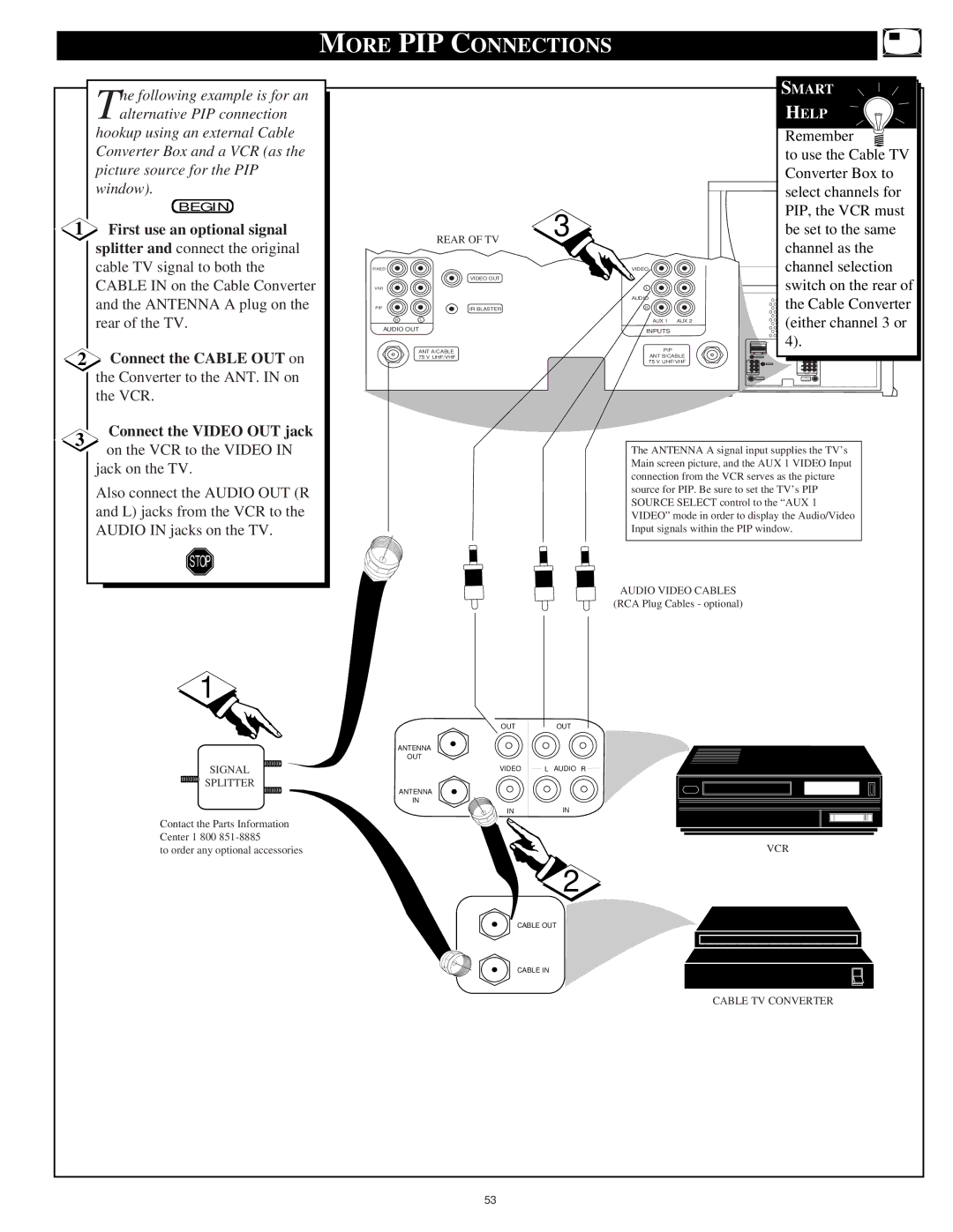 Magnavox 55P916, 60P916, 64P916 More PIP Connections, First use an optional signal, Audio Video Cables, Signal Splitter 