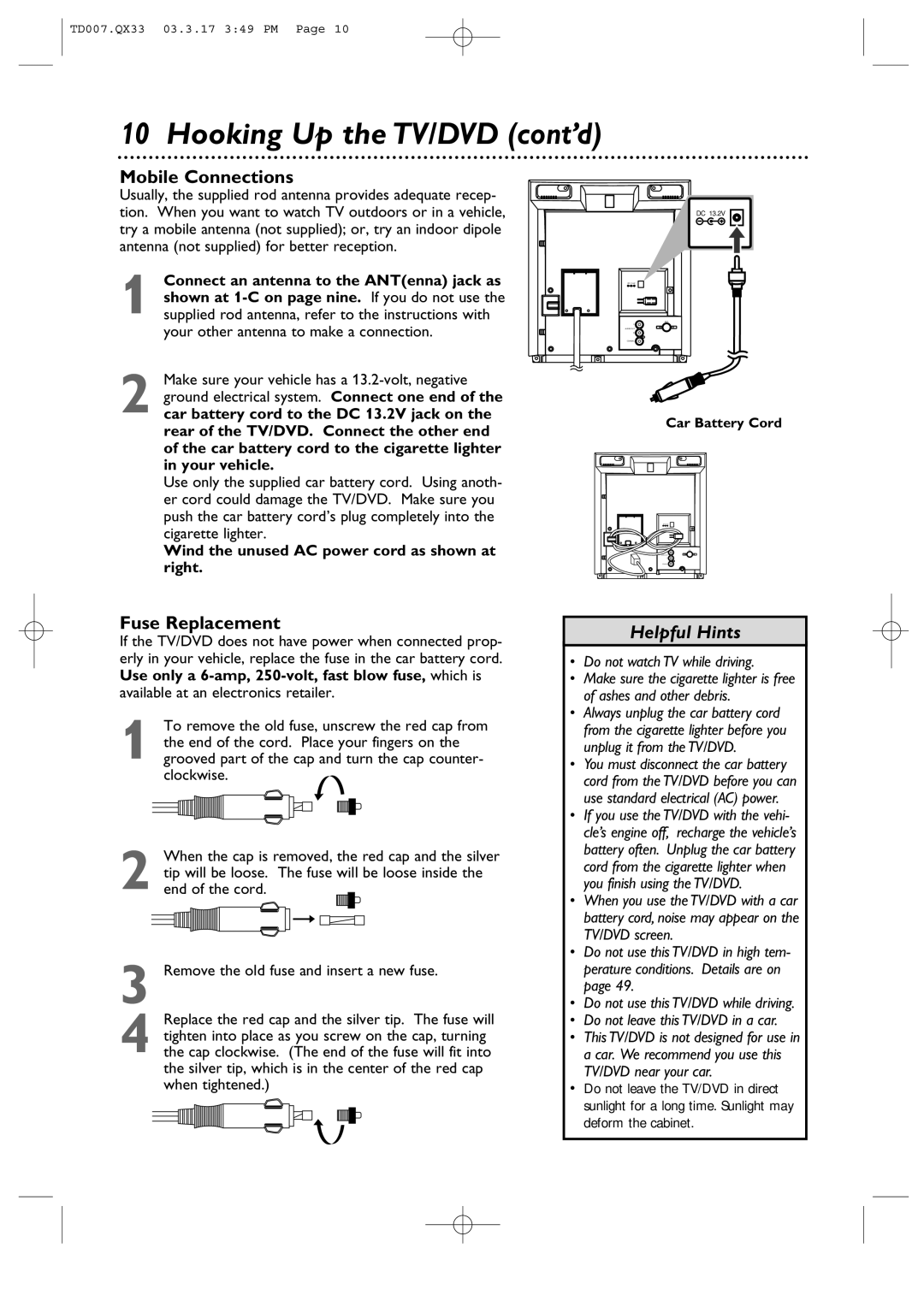 Magnavox 9MDPF20 owner manual Mobile Connections, Fuse Replacement, Wind the unused AC power cord as shown at right 