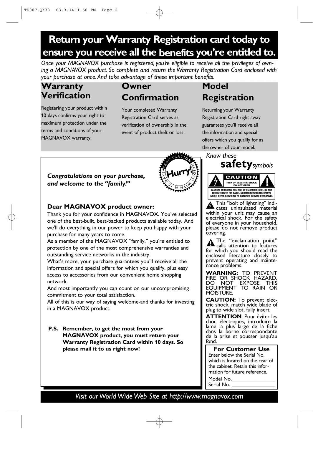 Magnavox 9MDPF20 owner manual Dear Magnavox product owner, For Customer Use 