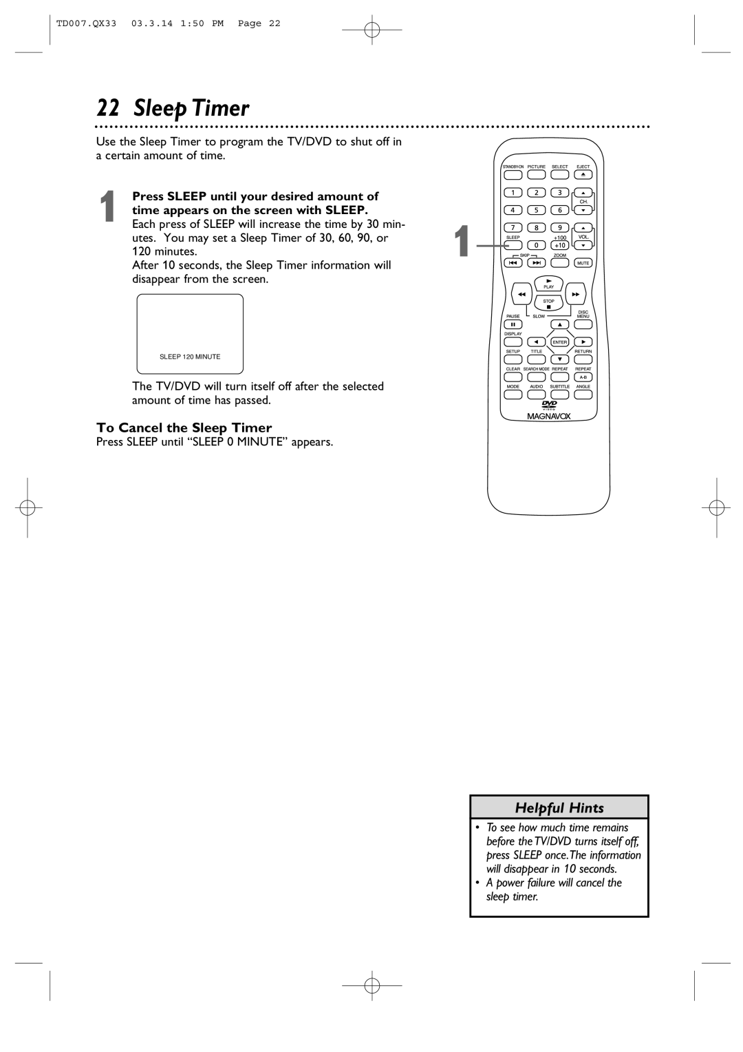 Magnavox 9MDPF20 owner manual Sleep Timer 