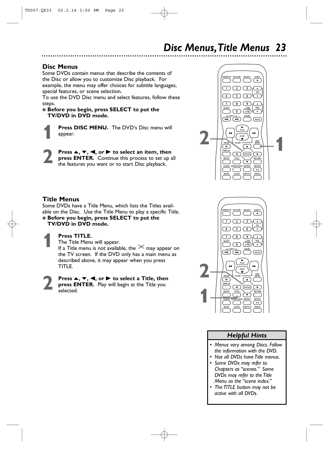 Magnavox 9MDPF20 owner manual Disc Menus,Title Menus 