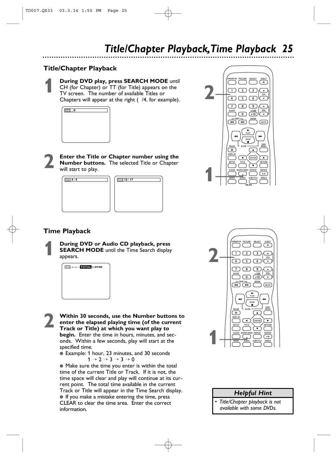 Magnavox 9MDPF20 owner manual Title/Chapter Playback,Time Playback 