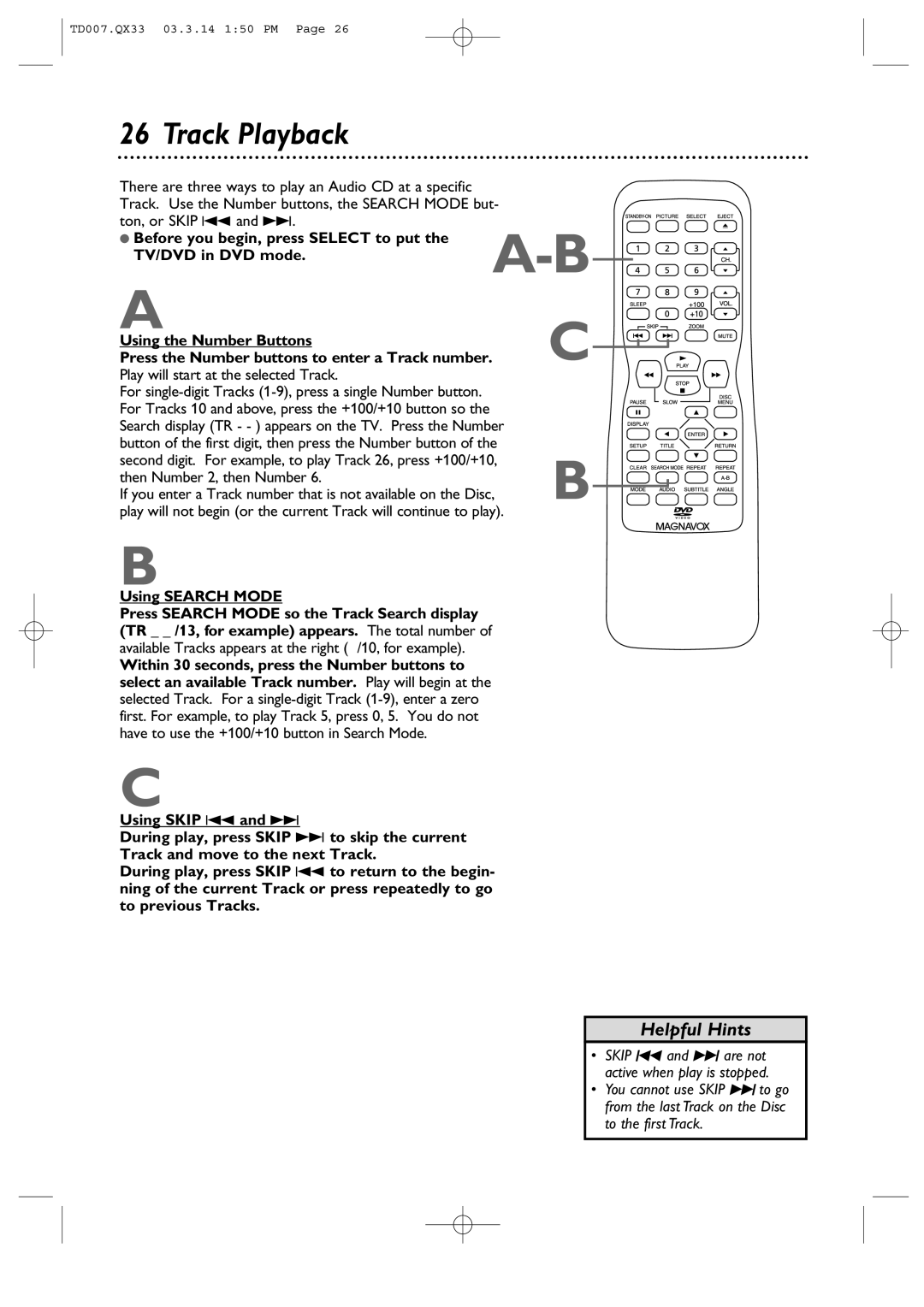 Magnavox 9MDPF20 owner manual Track Playback, Before you begin, press Select to put, TV/DVD in DVD mode, Using Search Mode 