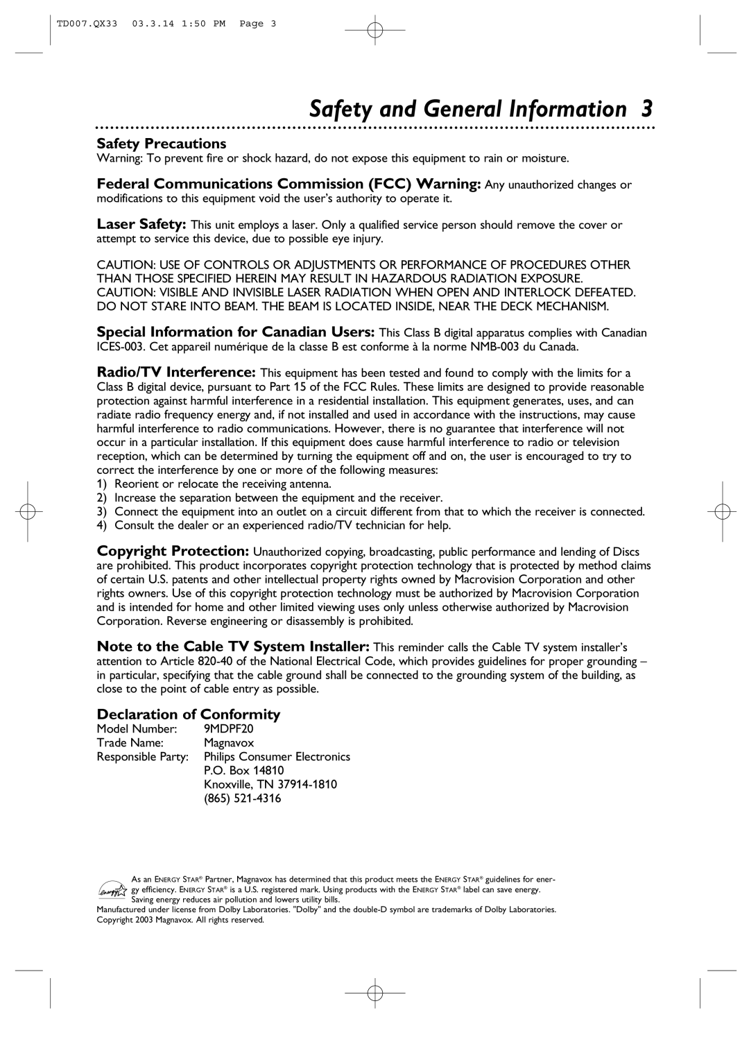 Magnavox 9MDPF20 owner manual Safety and General Information, Safety Precautions, Declaration of Conformity 