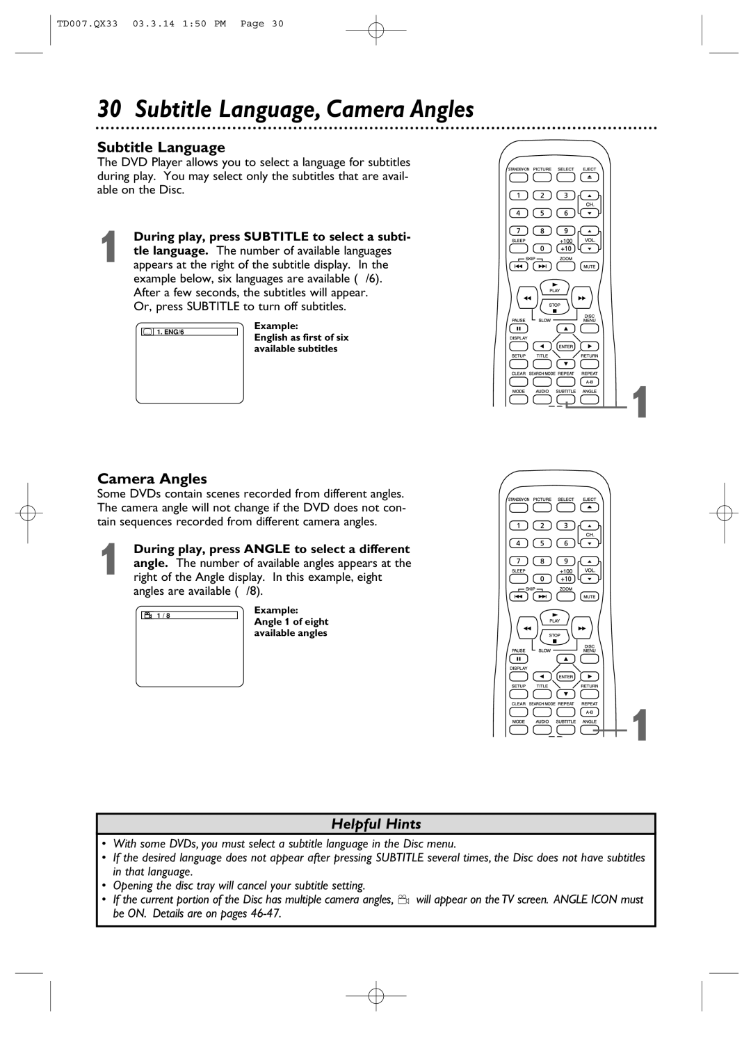 Magnavox 9MDPF20 owner manual Subtitle Language, Camera Angles, During play, press Subtitle to select a subti 