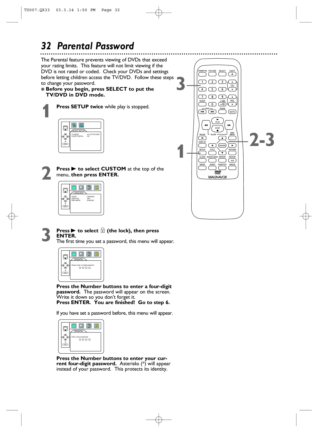 Magnavox 9MDPF20 owner manual Parental Password, Press B to select the lock, then press 