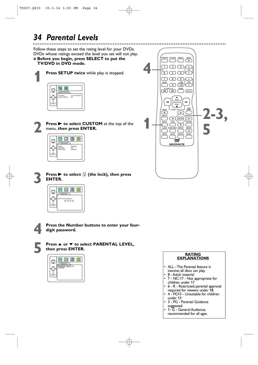 Magnavox 9MDPF20 owner manual Parental Levels, Rating Explanations 