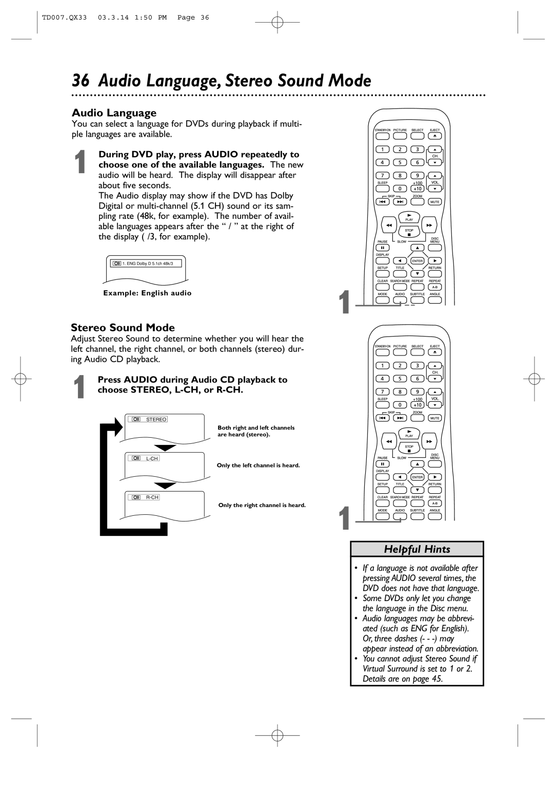 Magnavox 9MDPF20 owner manual Audio Language, Stereo Sound Mode 