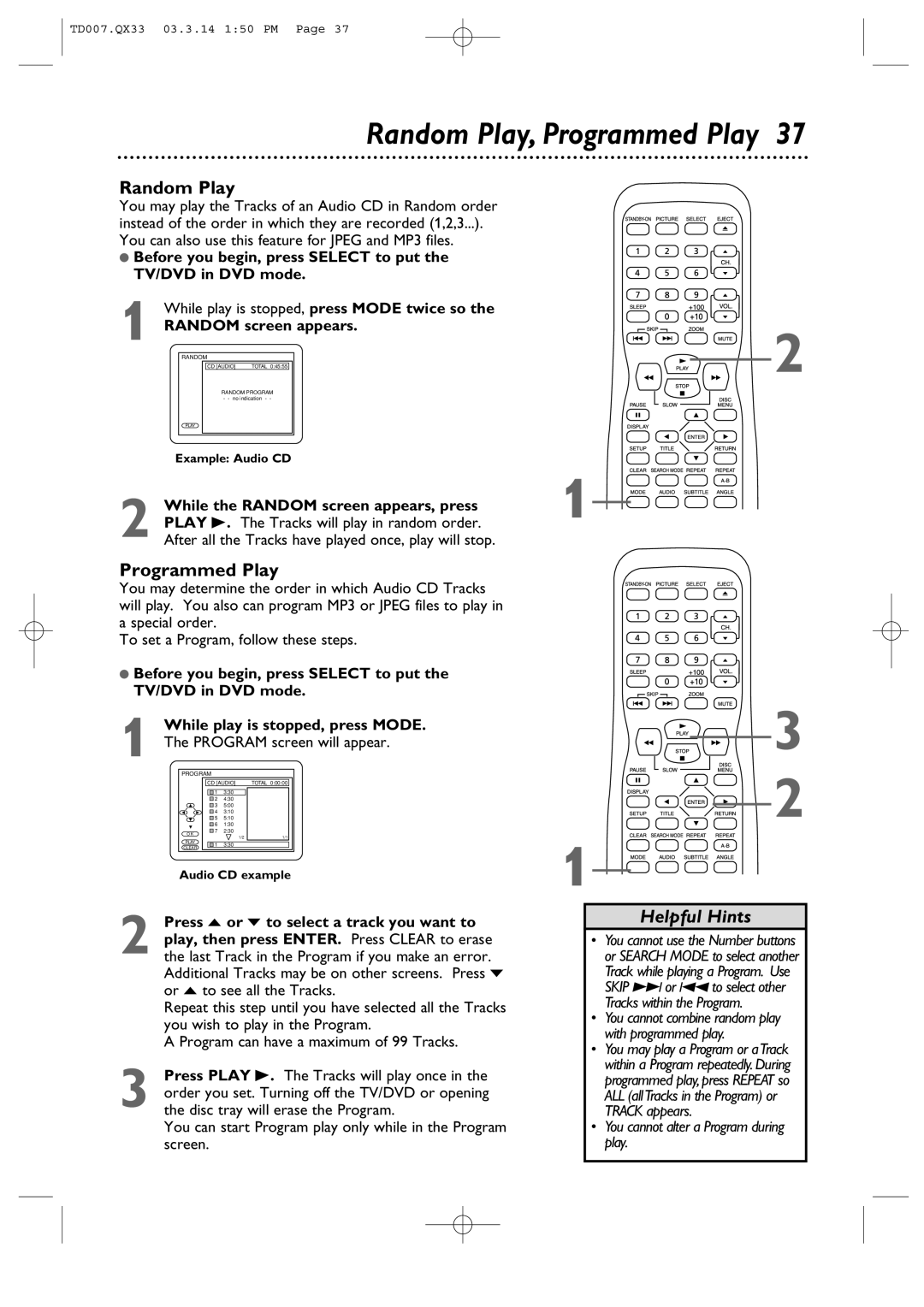 Magnavox 9MDPF20 owner manual Random Play, Programmed Play 