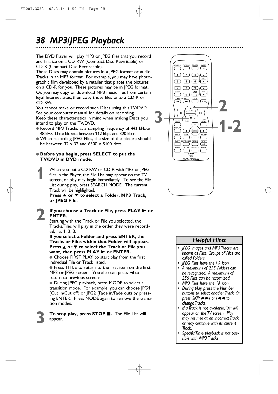 Magnavox 9MDPF20 owner manual 38 MP3/JPEG Playback, To stop play, press Stop C. The File List will appear 