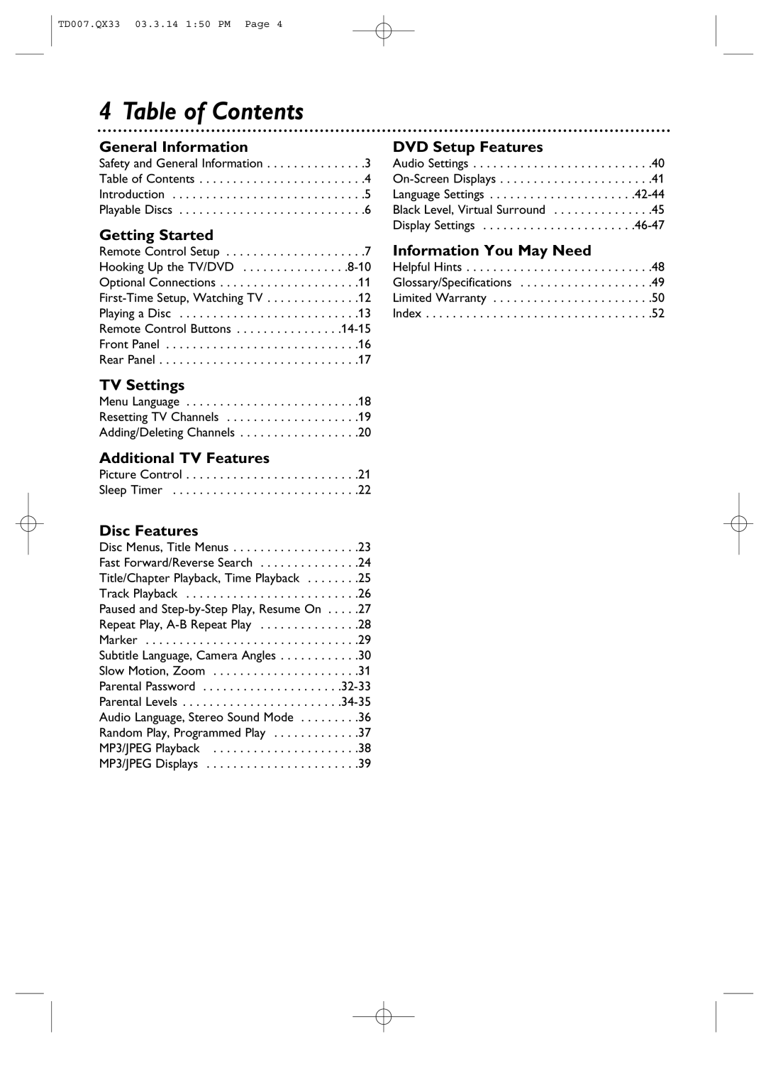 Magnavox 9MDPF20 owner manual Table of Contents 