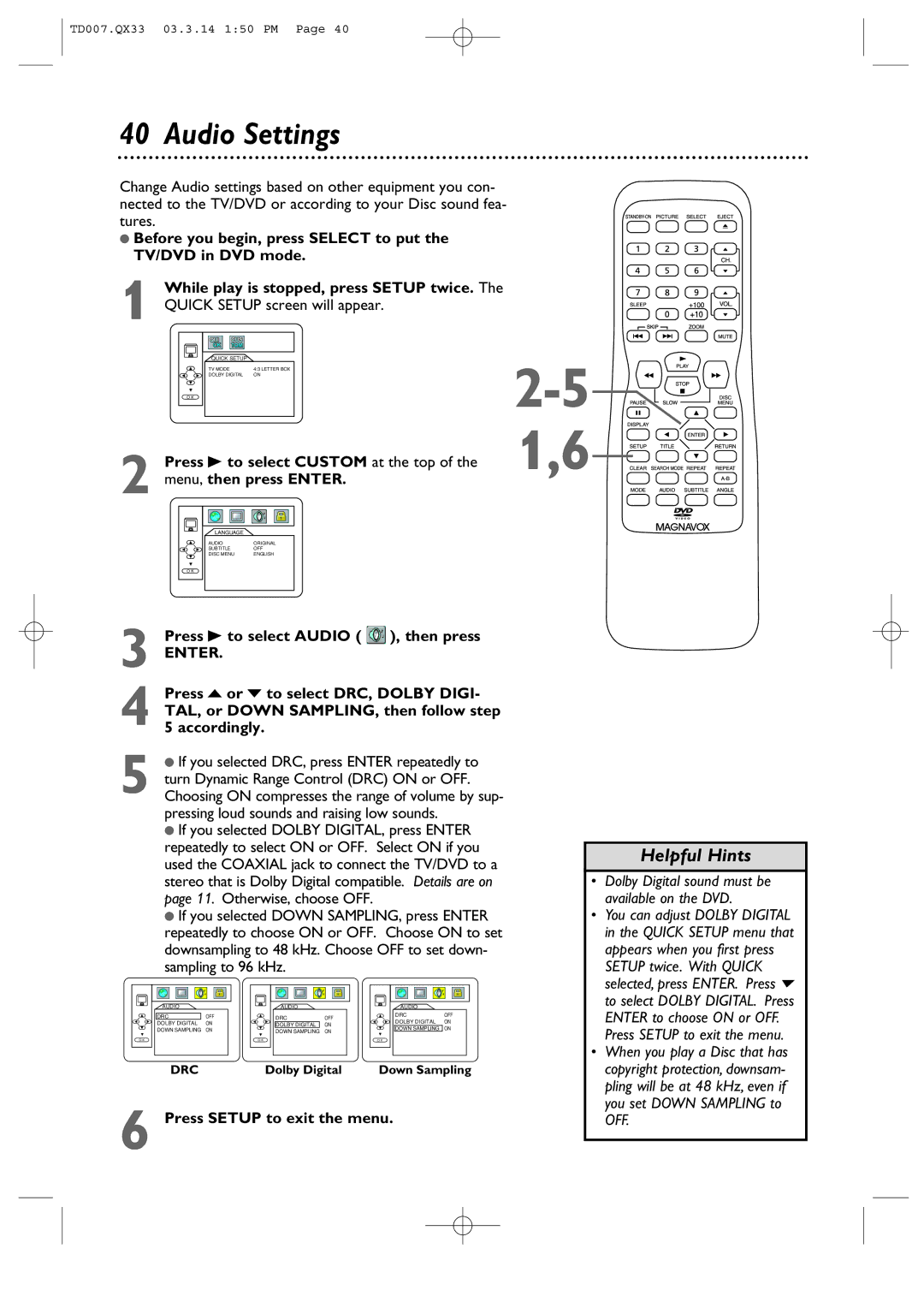 Magnavox 9MDPF20 owner manual Audio Settings, Press B to select Audio , then press 