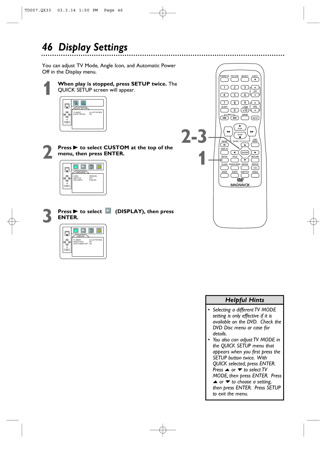 Magnavox 9MDPF20 owner manual Display Settings, Press B to select DISPLAY, then press 