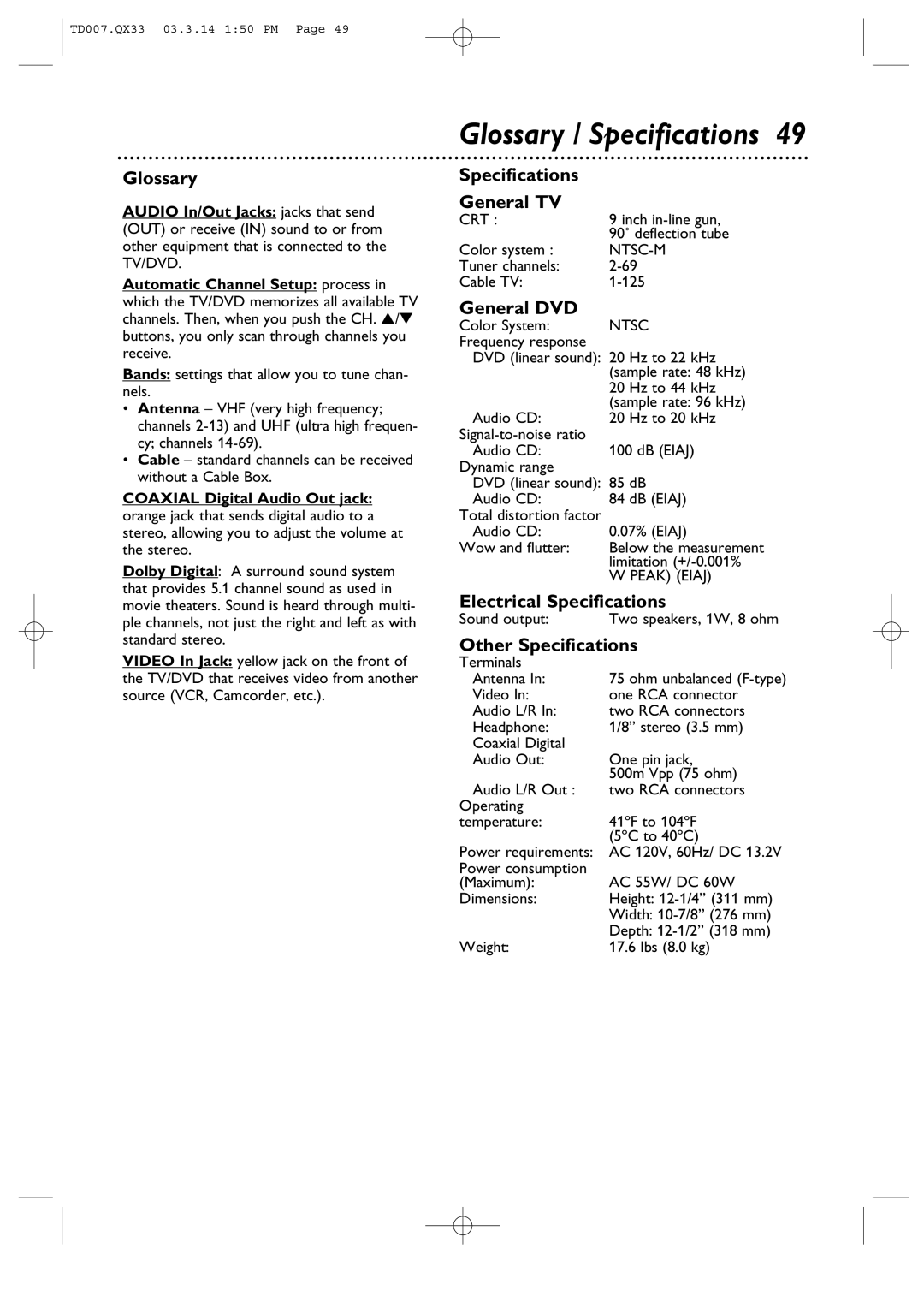 Magnavox 9MDPF20 owner manual Glossary / Specifications 