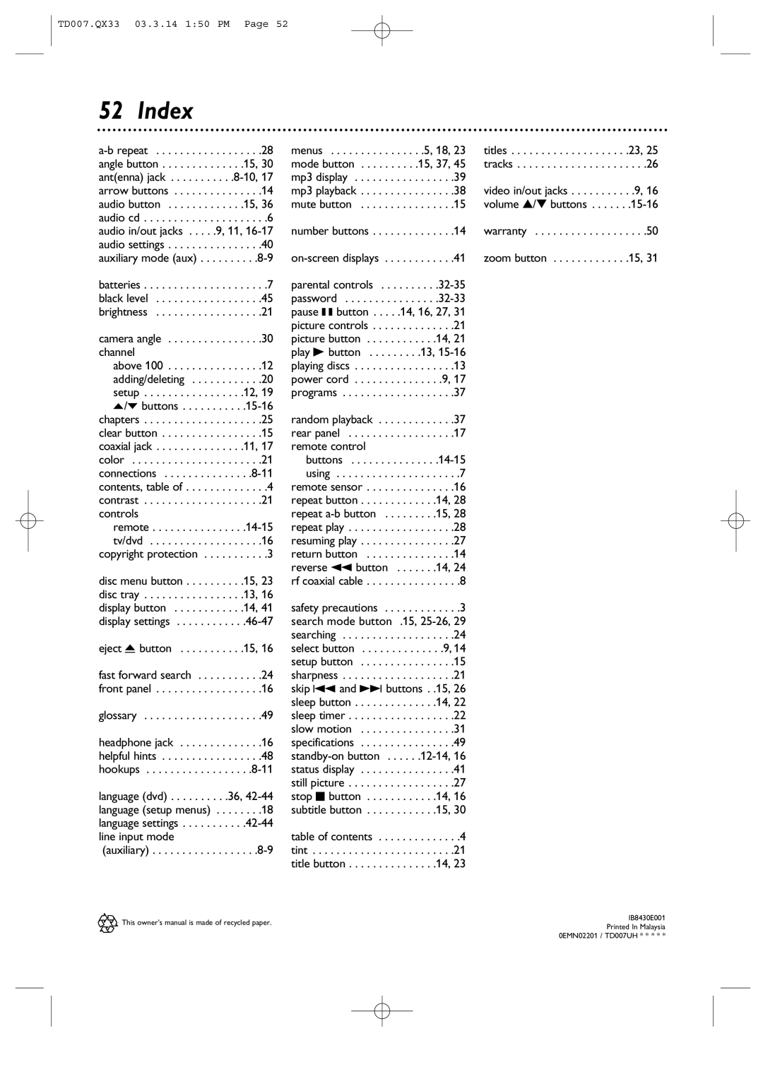 Magnavox 9MDPF20 owner manual Index, Controls 