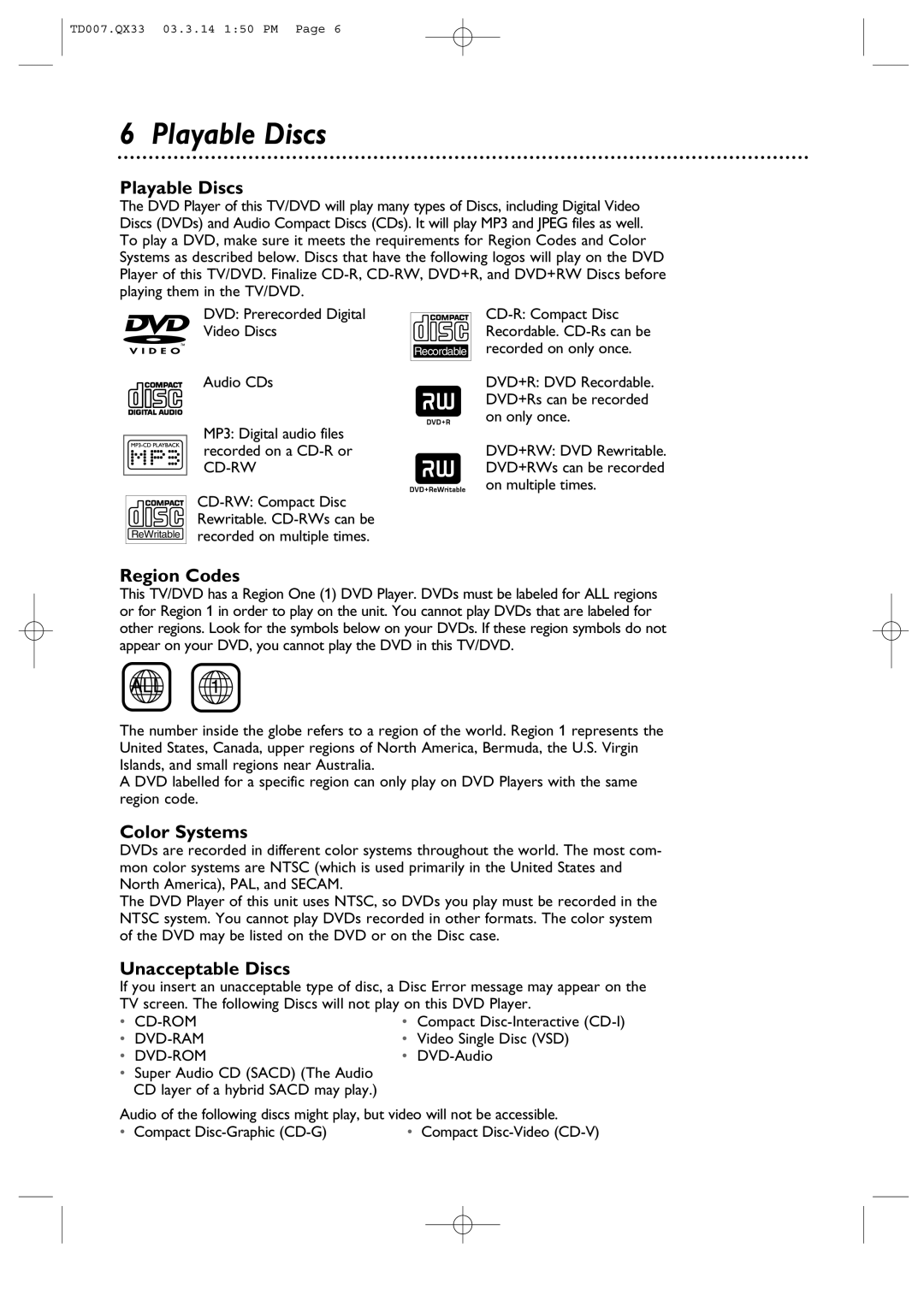 Magnavox 9MDPF20 owner manual Playable Discs, Region Codes, Color Systems, Unacceptable Discs 