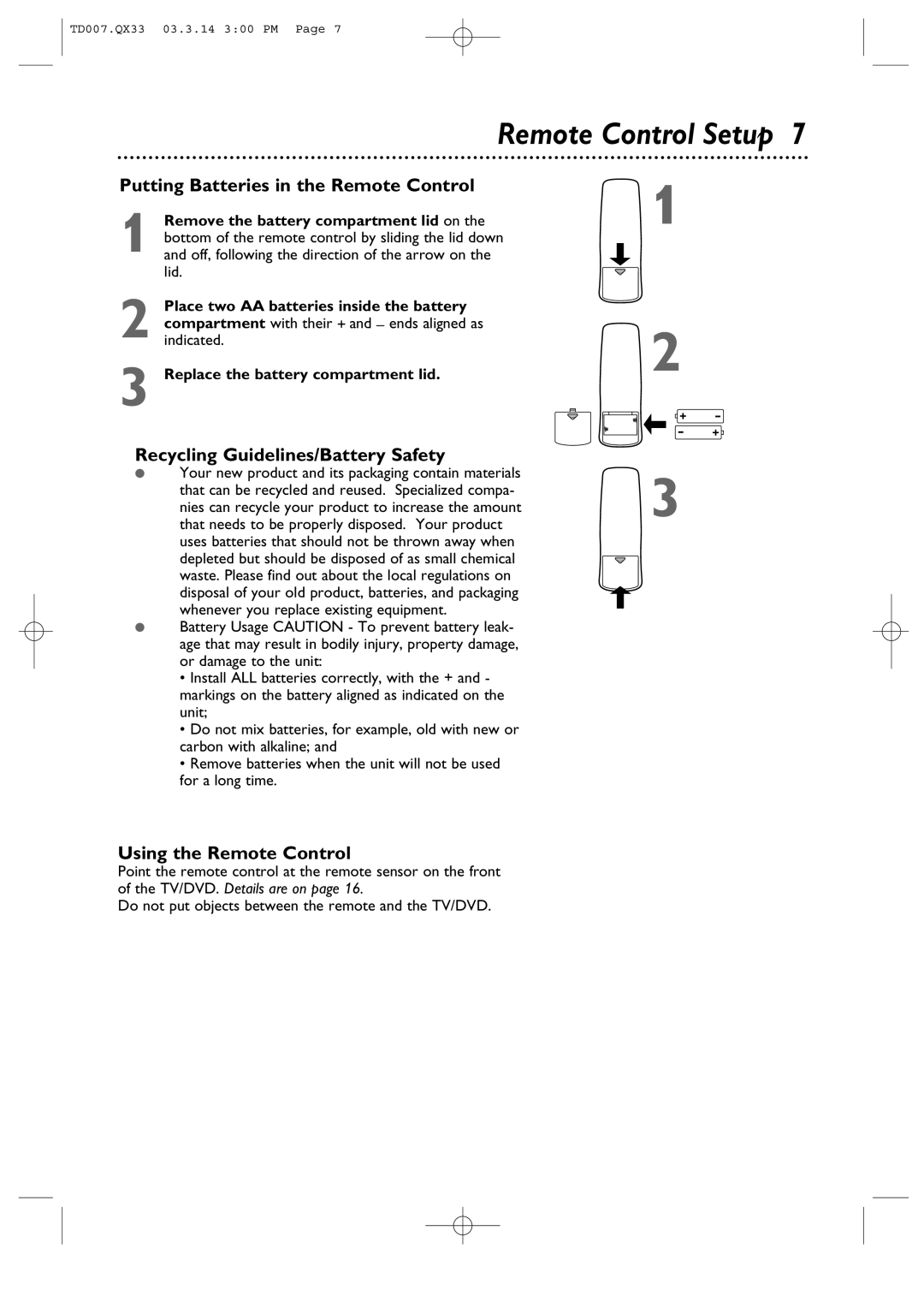 Magnavox 9MDPF20 Remote Control Setup, Putting Batteries in the Remote Control, Recycling Guidelines/Battery Safety 