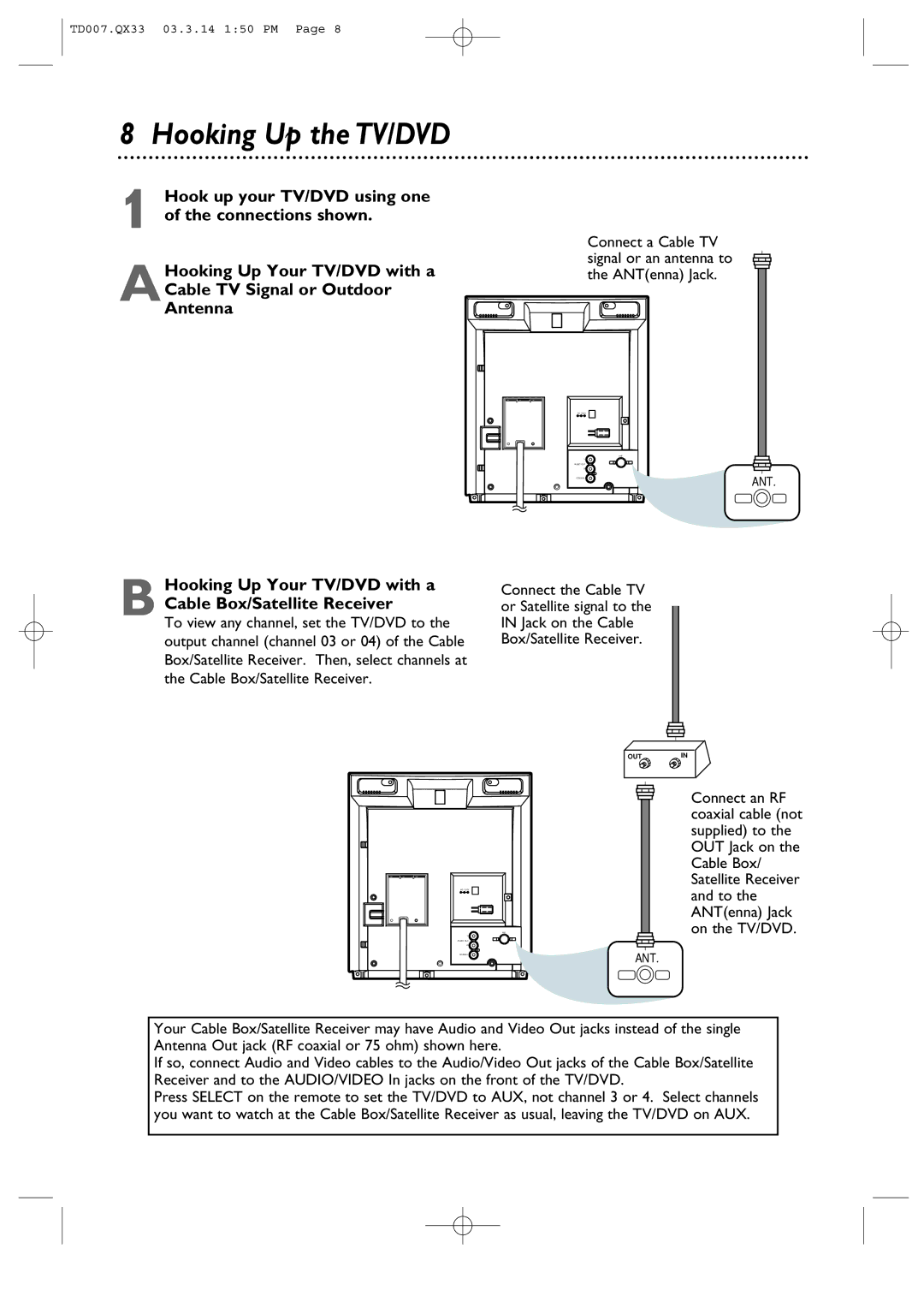 Magnavox 9MDPF20 owner manual Hooking Up the TV/DVD, Hooking Up Your TV/DVD with a Cable Box/Satellite Receiver 