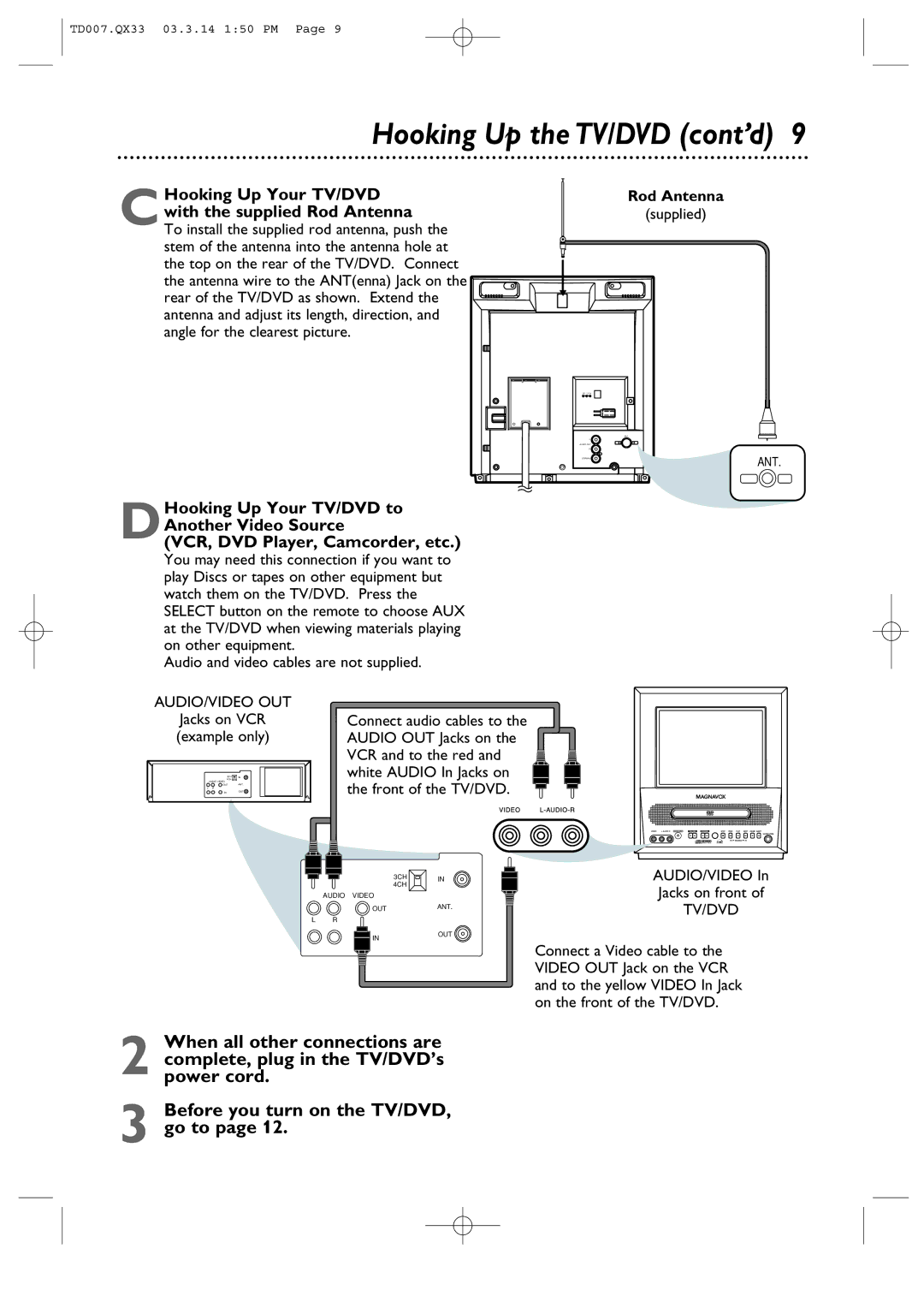 Magnavox 9MDPF20 owner manual Hooking Up the TV/DVD cont’d, Rod Antenna 