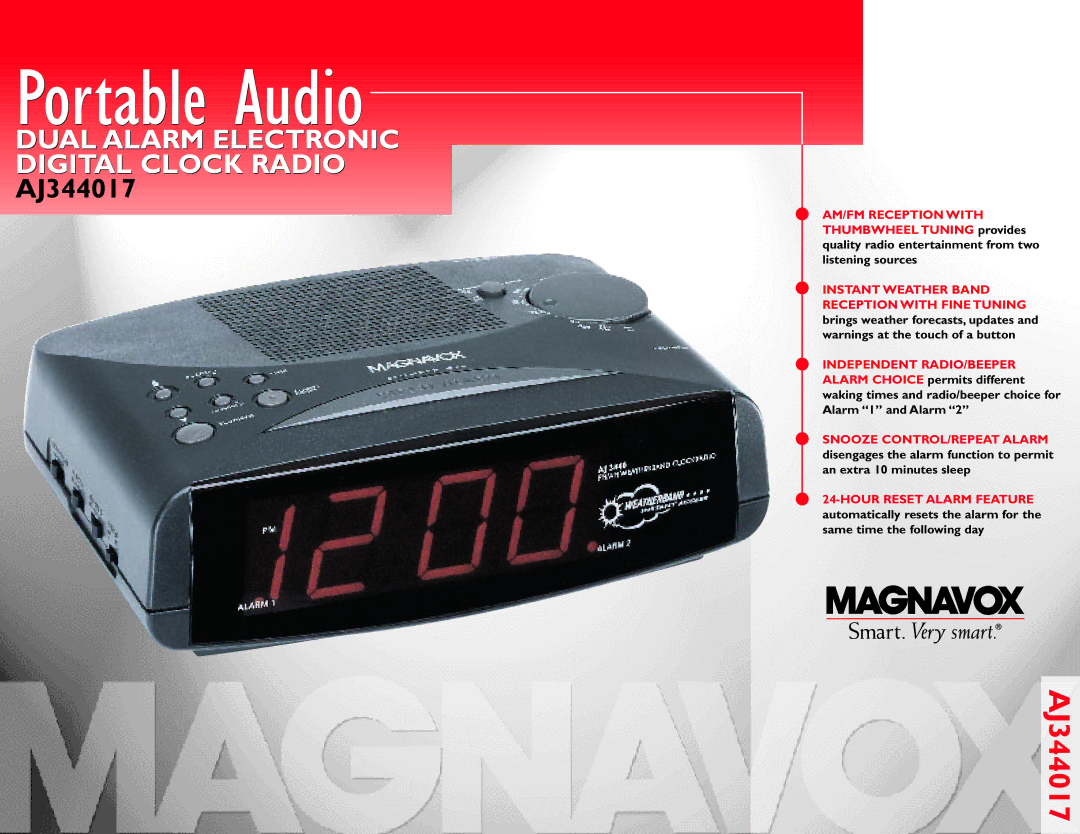 Magnavox AJ344017 manual Portable Audio, Dual Alarm Electronic Digital Clock Radio 