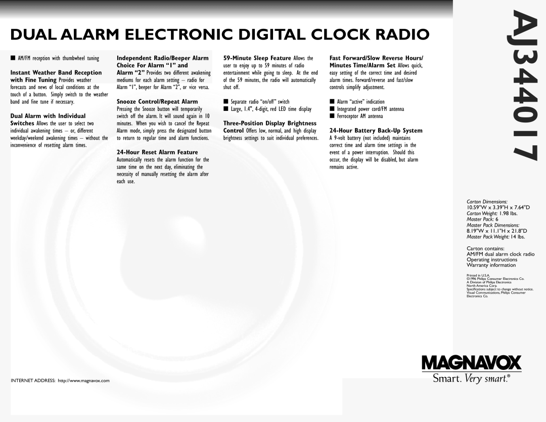 Magnavox AJ344017 manual Dual Alarm Electronic Digital Clock Radio, Separate radio on/off switch, Carton Dimensions 