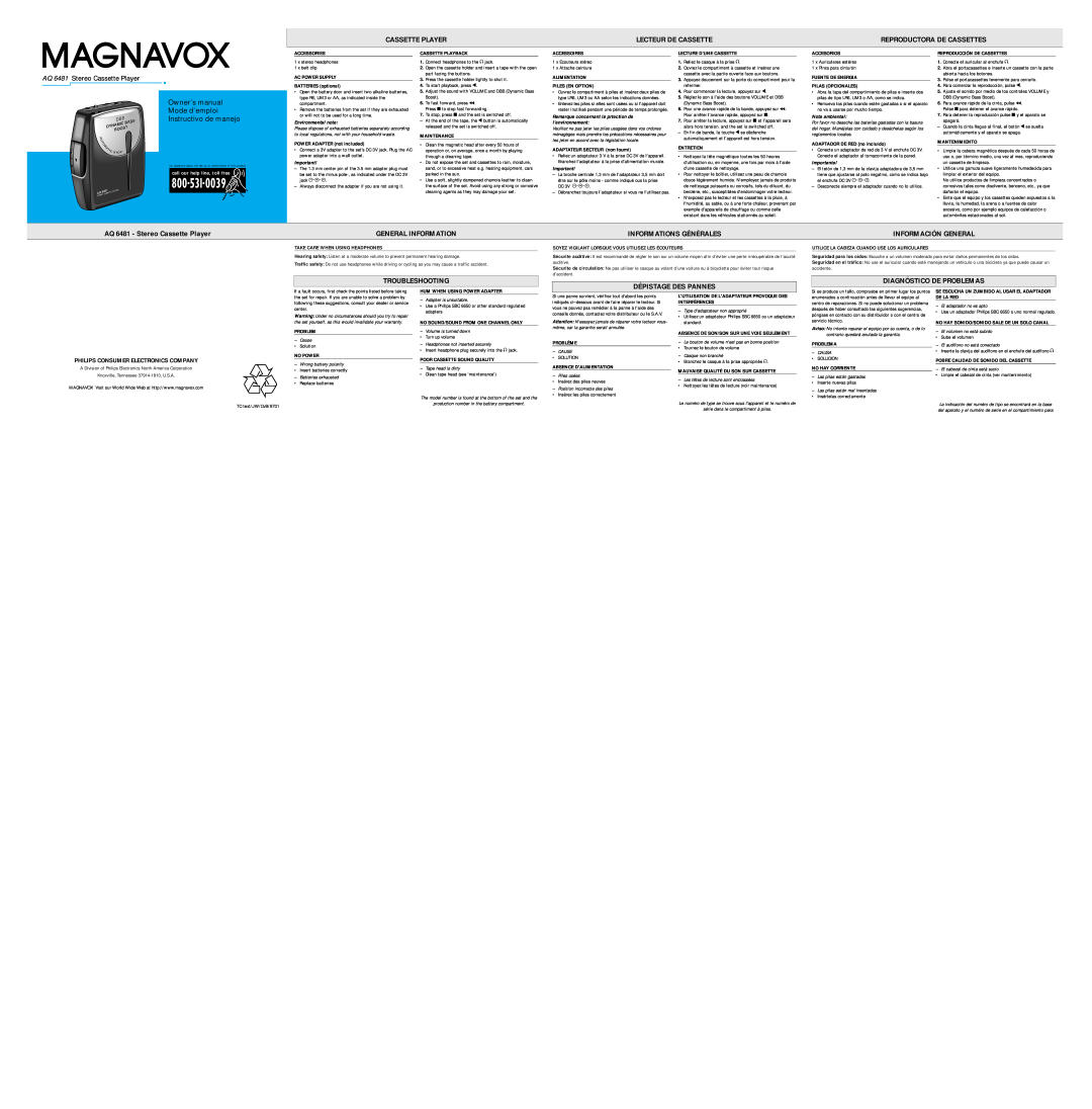 Magnavox manual Lecteur De Cassette, AQ 6481 - Stereo Cassette Player, General Information, Informations Générales 